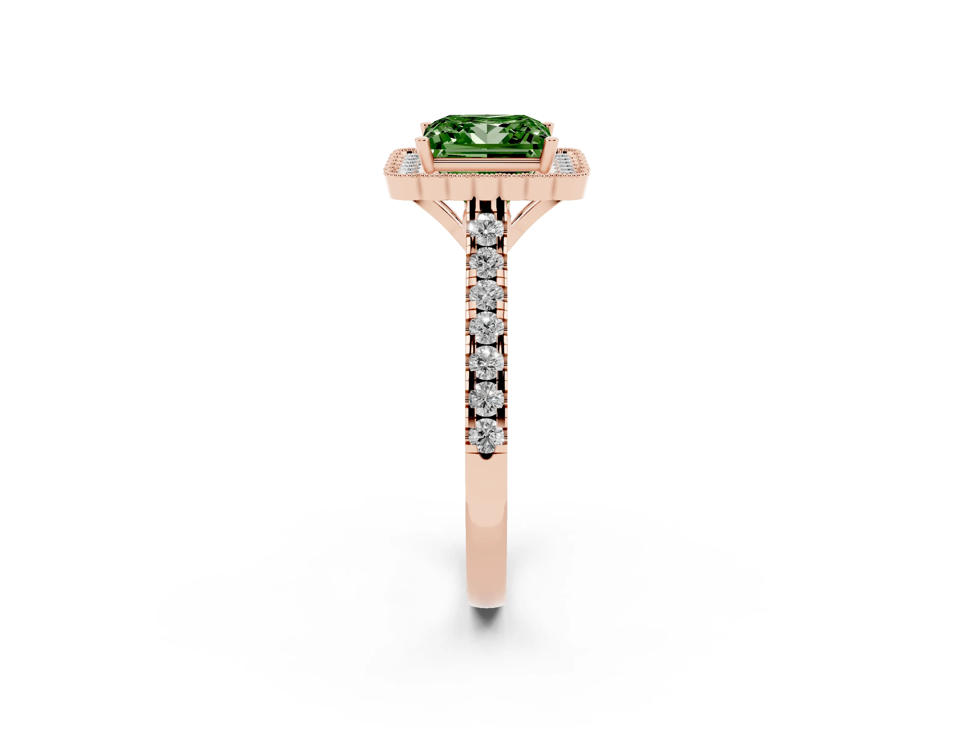 Fancy Green Princess Cut Diamond Milgrain Floral Halo Engagement Ring Set in Rose gold with Pavé Band
