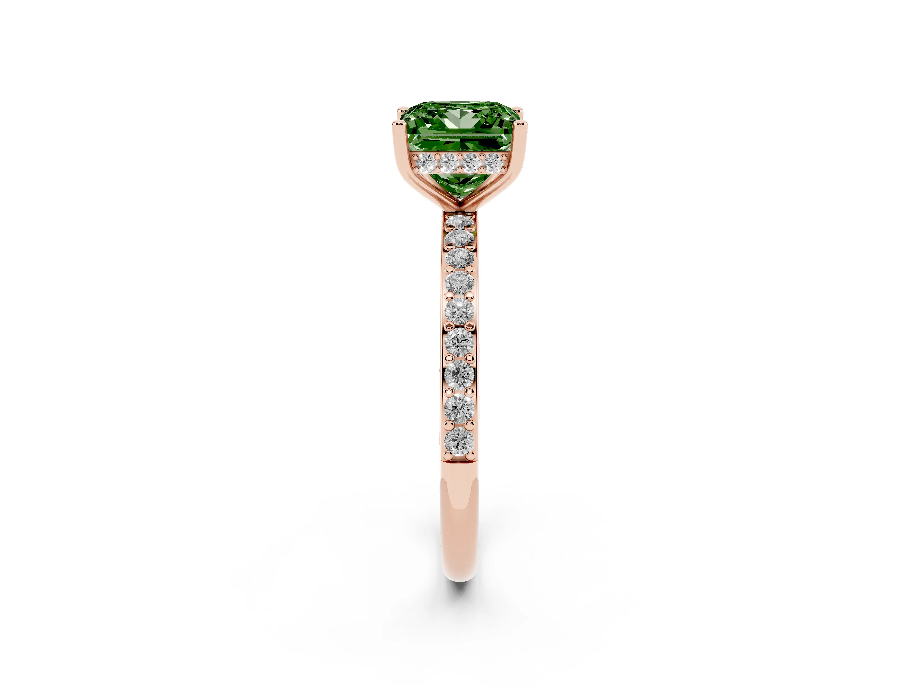 Fancy Green Princess Cut Diamond Pavé Band Ring Set in Rose gold with Prong-Set Center Stone