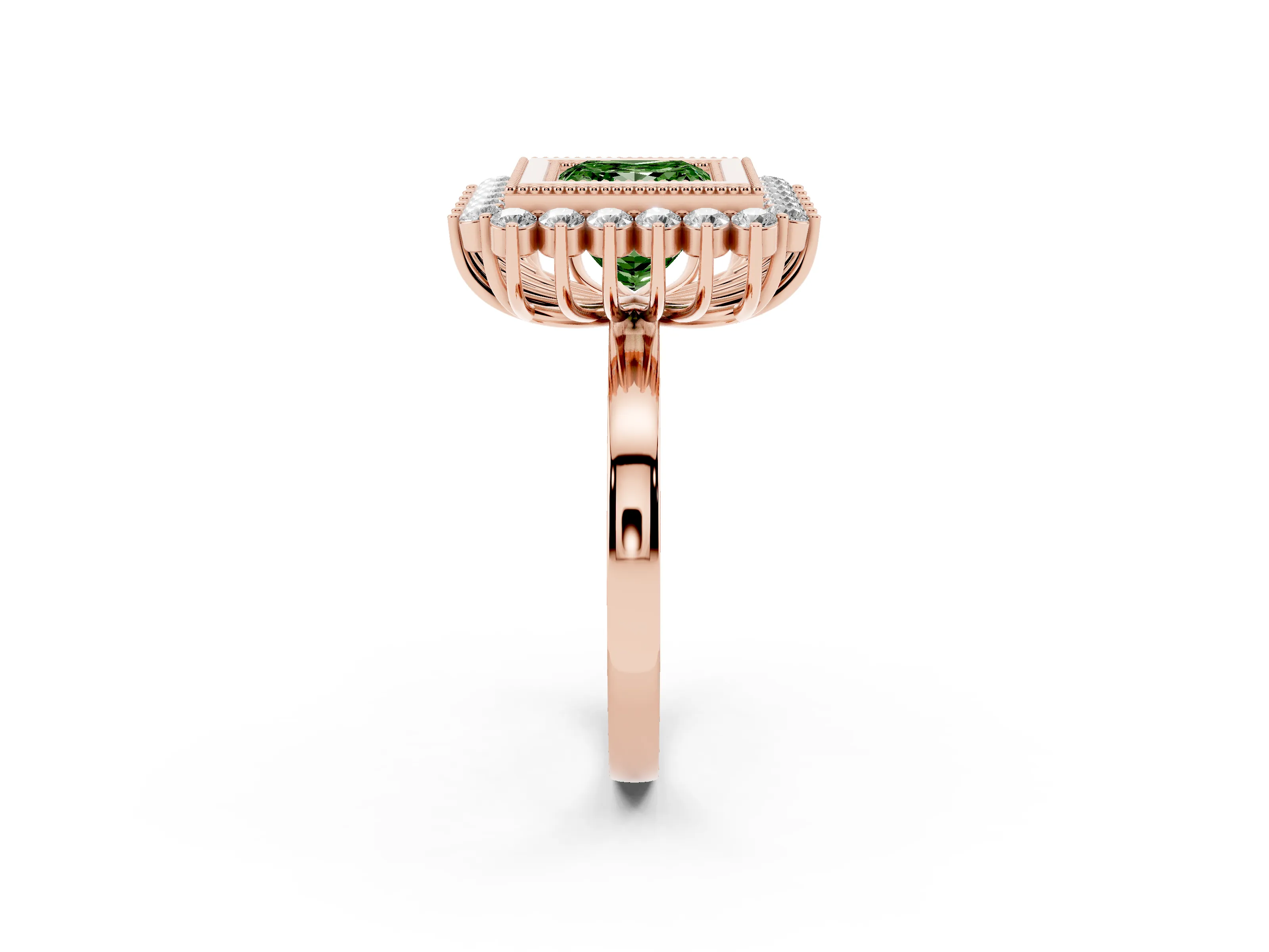 Fancy Green Princess Cut Diamond Halo Ring Set in Rose gold with Milgrain Edge and Round Prong Setting