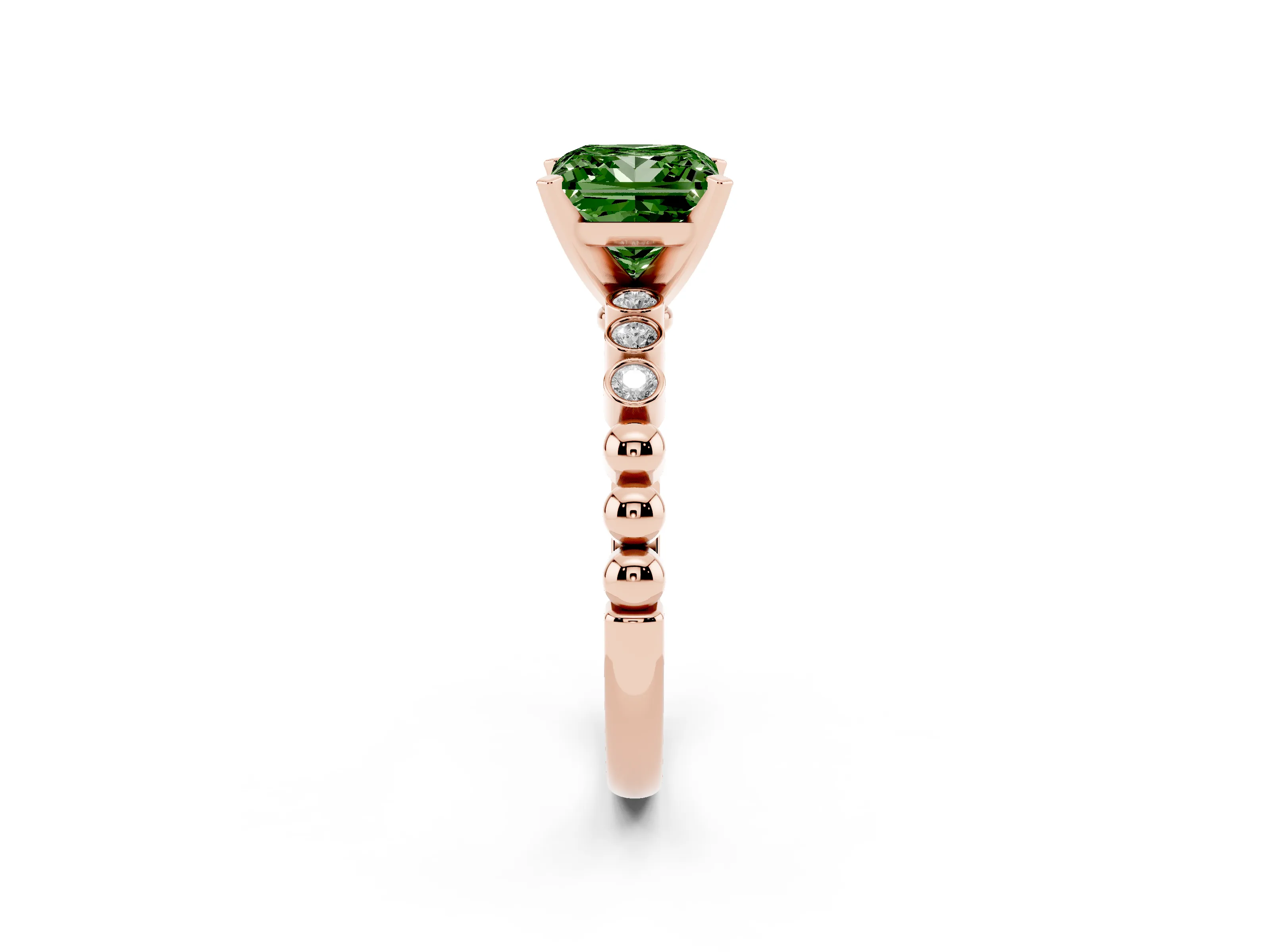 Fancy Green Princess Cut Diamond Solitaire Engagement Ring Set in Rose gold with Bezel Accents on Beaded Band