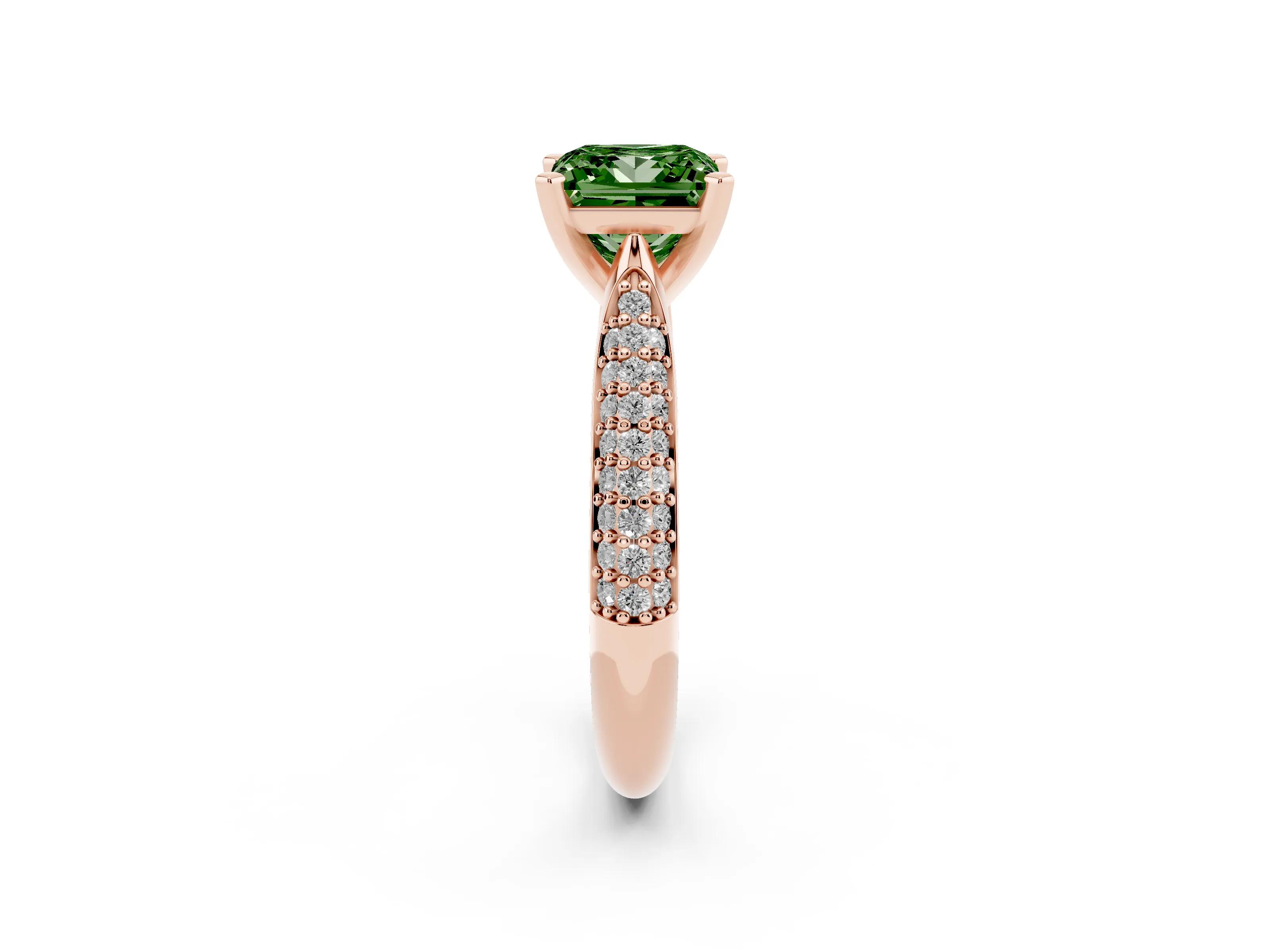 Fancy Green Princess Cut Diamond Solitaire Engagement Ring Set in Rose gold with Multi-Row Round Pavé Band and Prong Setting