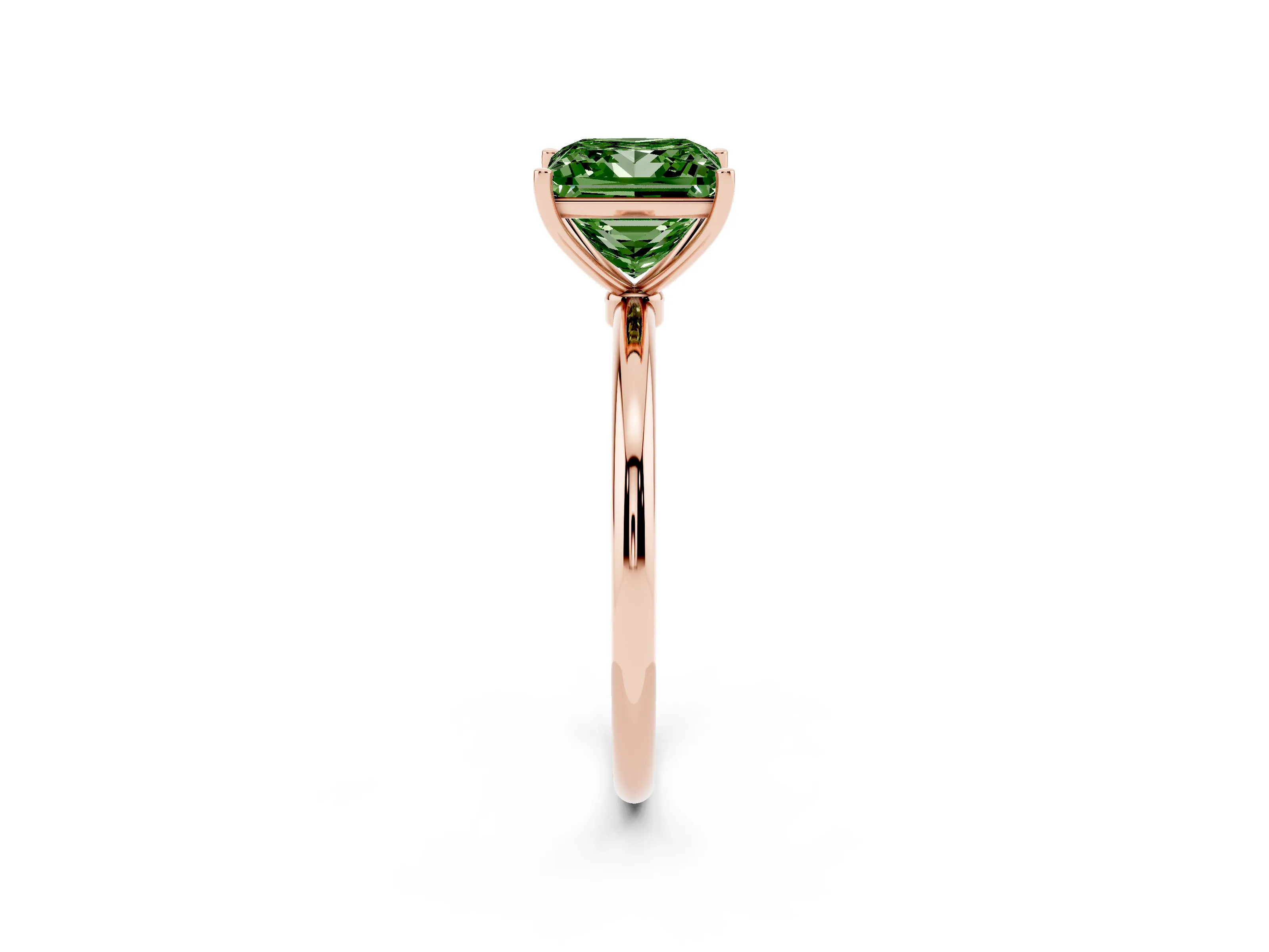Fancy Green Princess Cut Diamond Solitaire Engagement Ring Set in Rose gold with Thin Band and Prong Setting