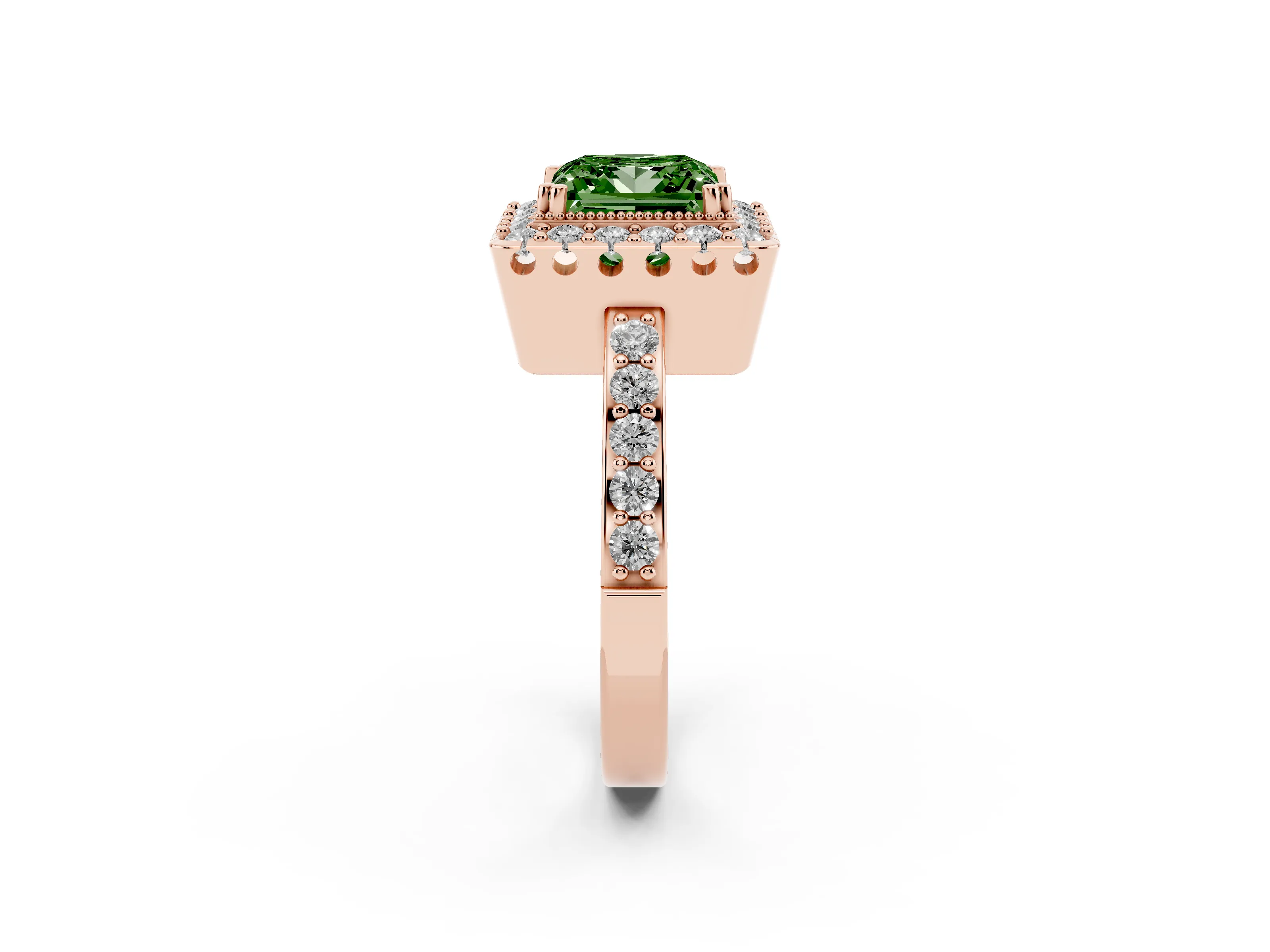 Fancy Green Princess Cut Diamond Halo Ring Set in Rose gold with Pavé Shank and Prong Setting