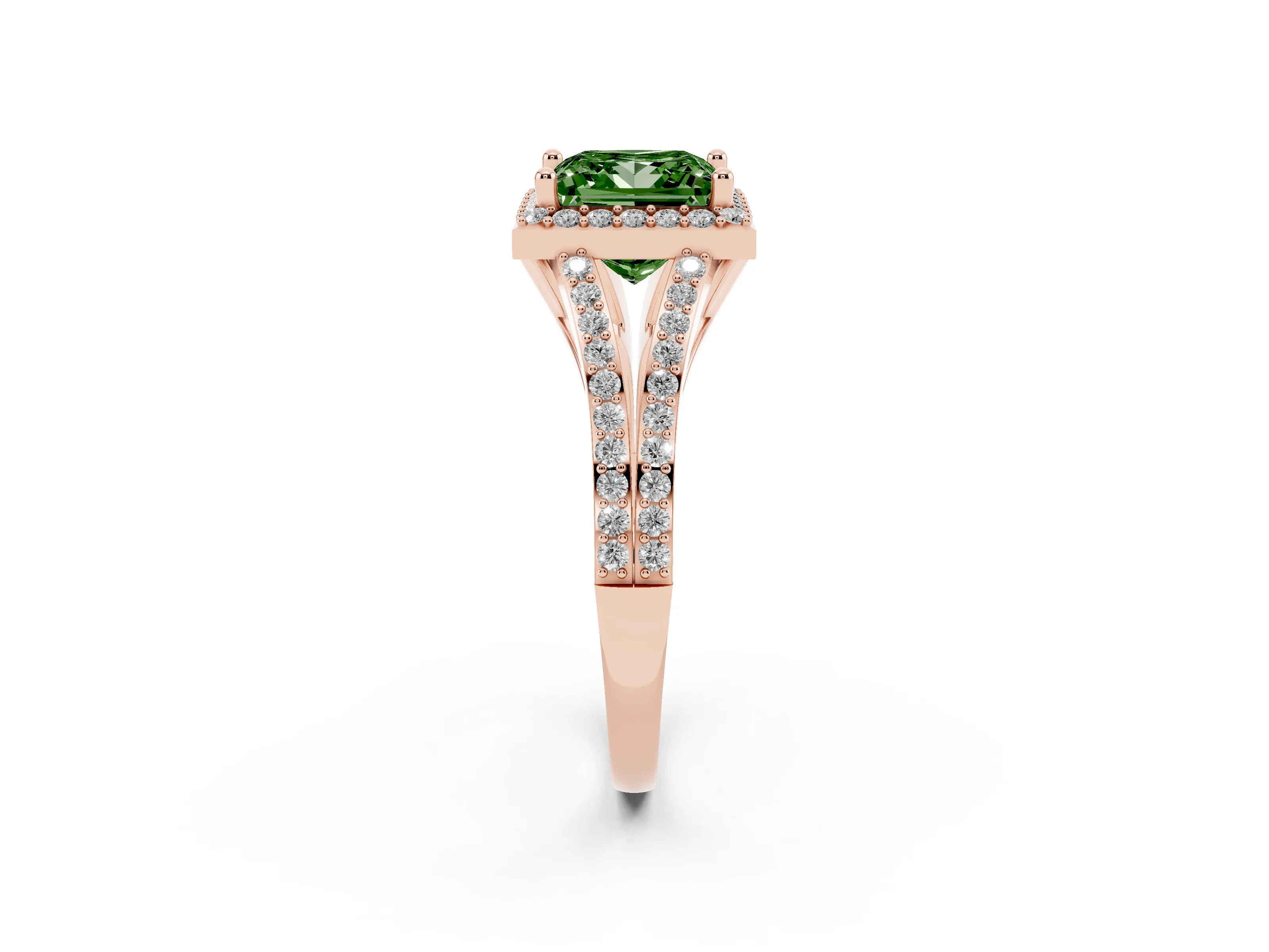 Fancy Green Princess Cut Diamond Halo Split Shank Pavé Ring Set in Rose gold with Prong Setting