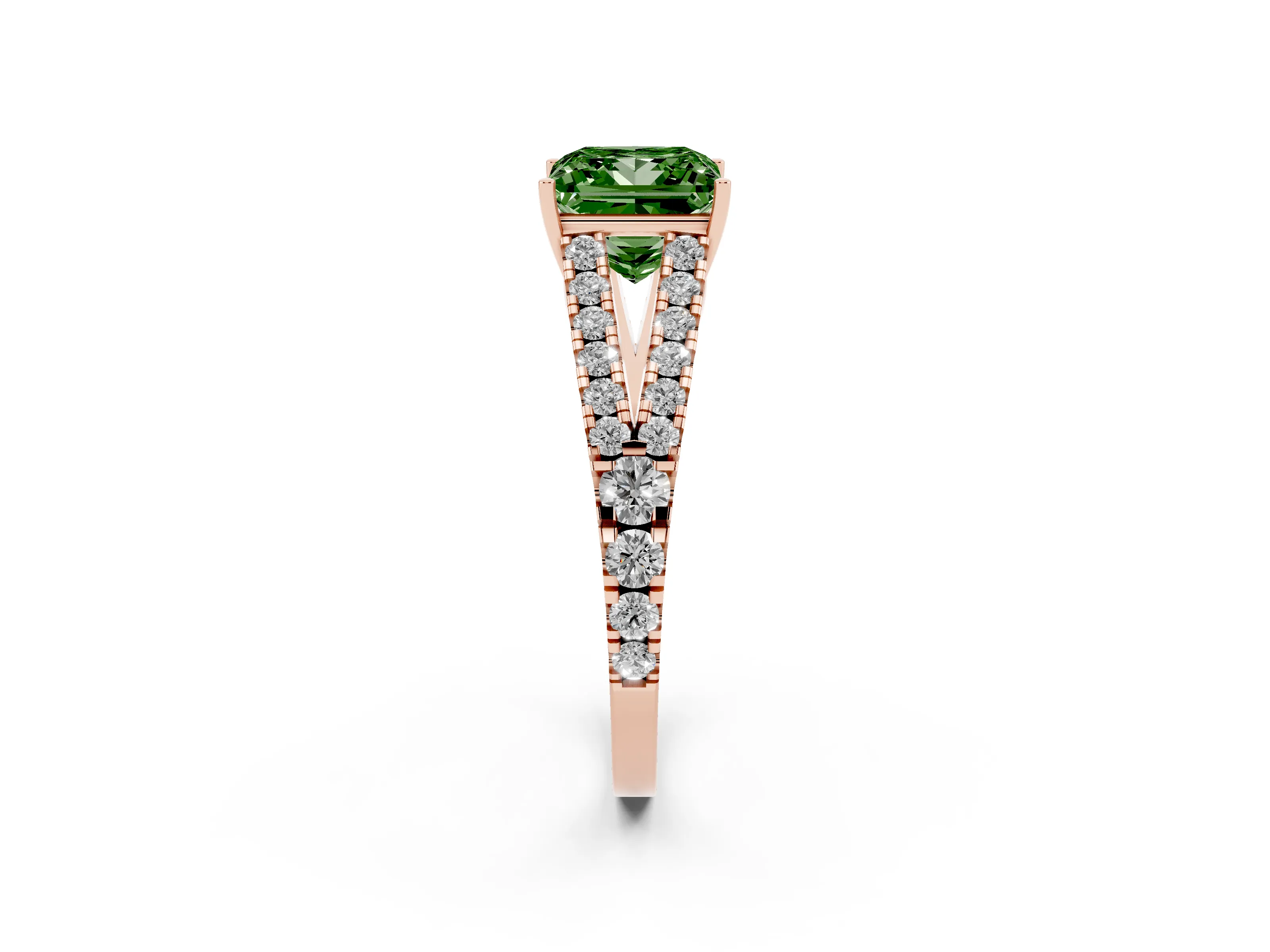 Fancy Green Princess Cut Diamond Split Shank Pavé Engagement Ring Set in Rose gold with Prong-Held Center Stone