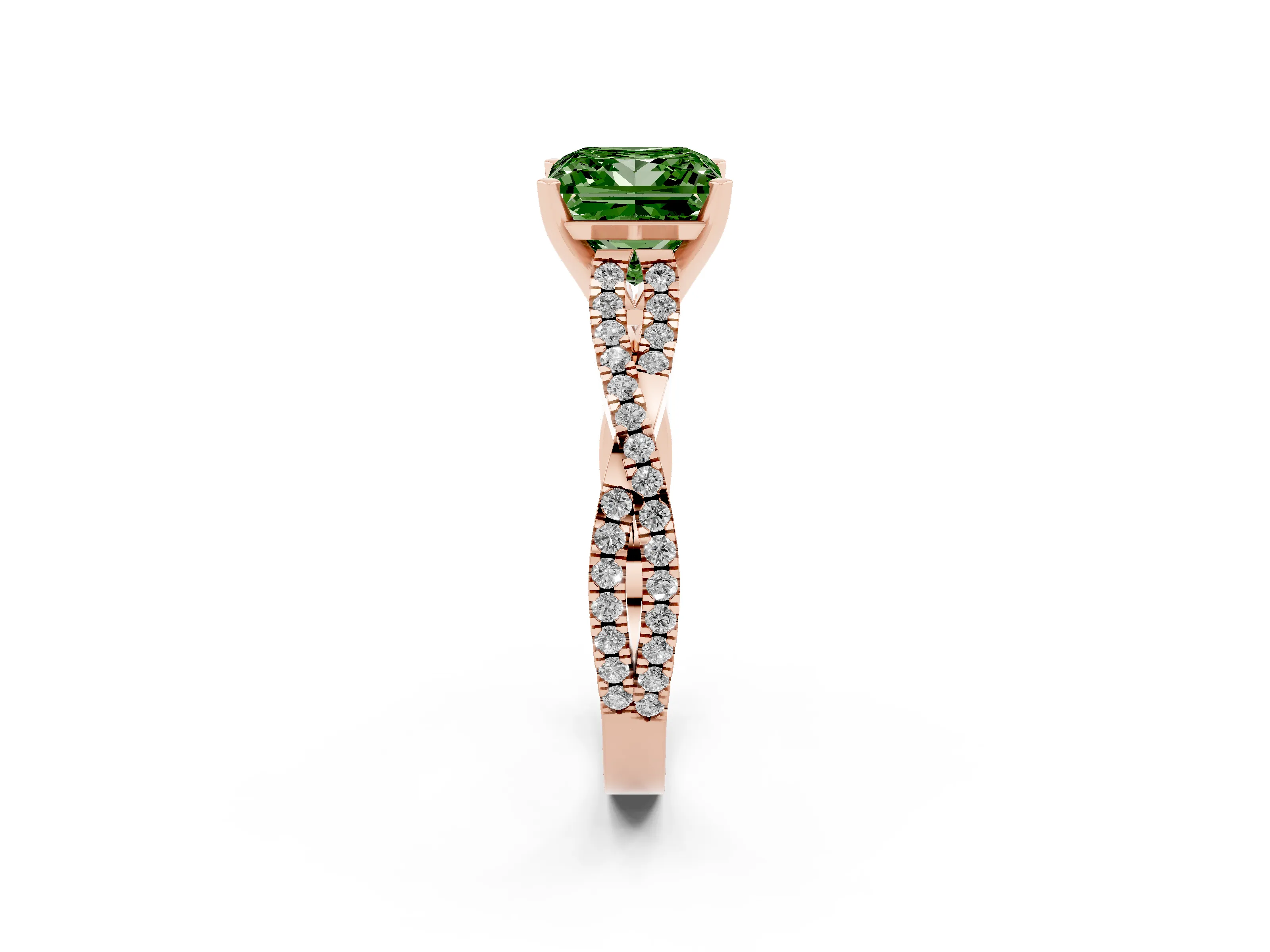 Fancy Green Princess Cut Diamond Solitaire Engagement Ring Set in Rose gold with Twisted Pavé Band and Prong Setting