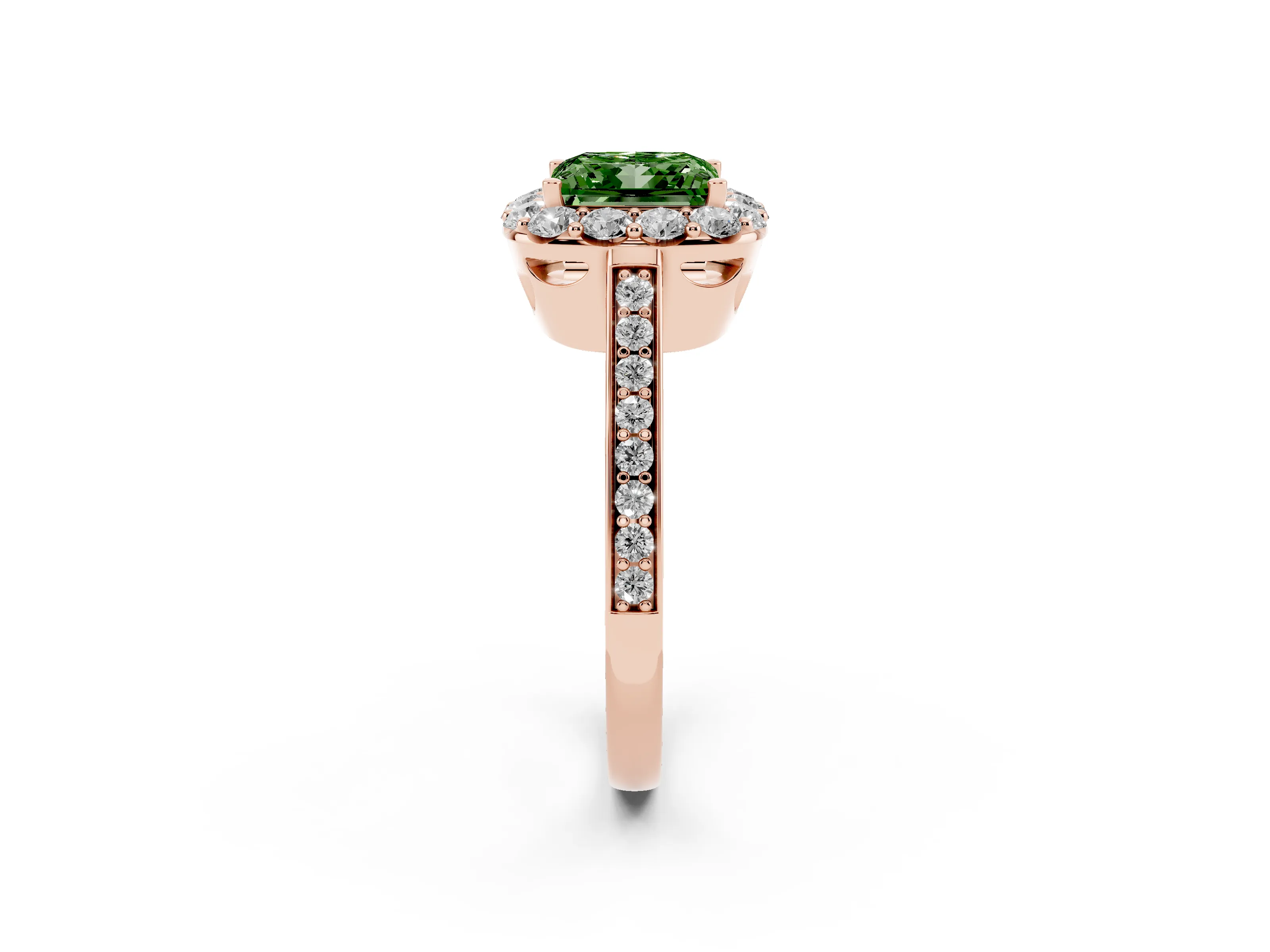 Fancy Green Princess Cut Diamond Floral Halo Ring Set in Rose gold with Pavé Band and Prong Setting
