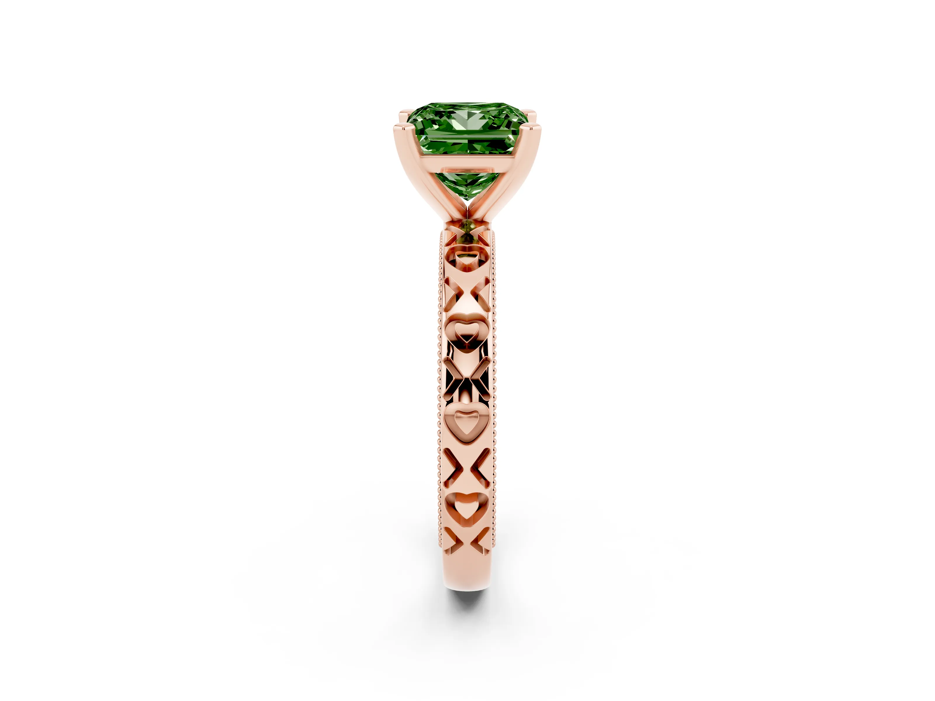 Fancy Green Princess Cut Diamond Solitaire Engagement Ring Set in Rose gold with XO Engraved Band and Prong Setting