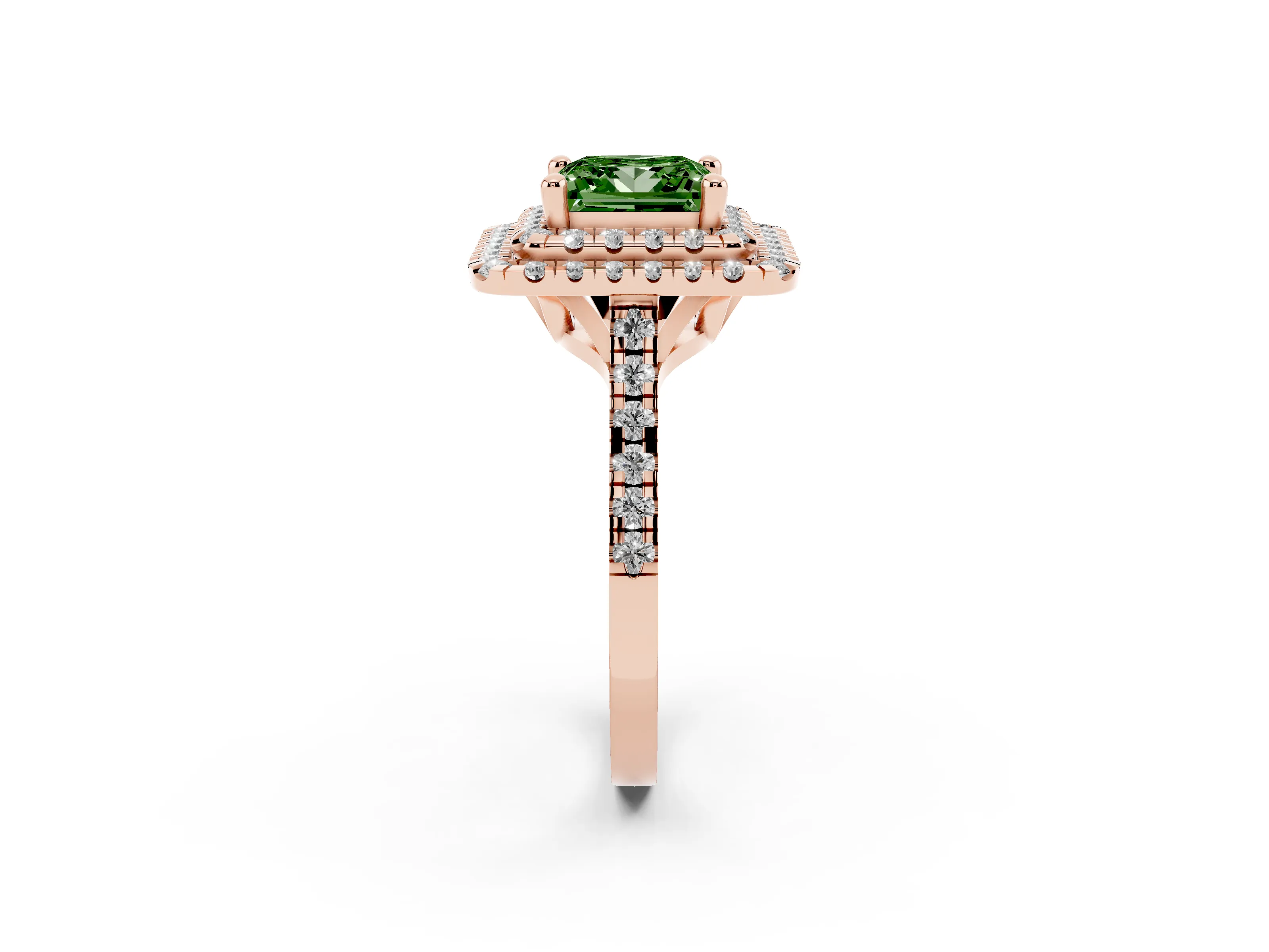 Fancy Green Princess Cut Diamond Double Halo Statement Ring Set in Rose gold with Pavé Band