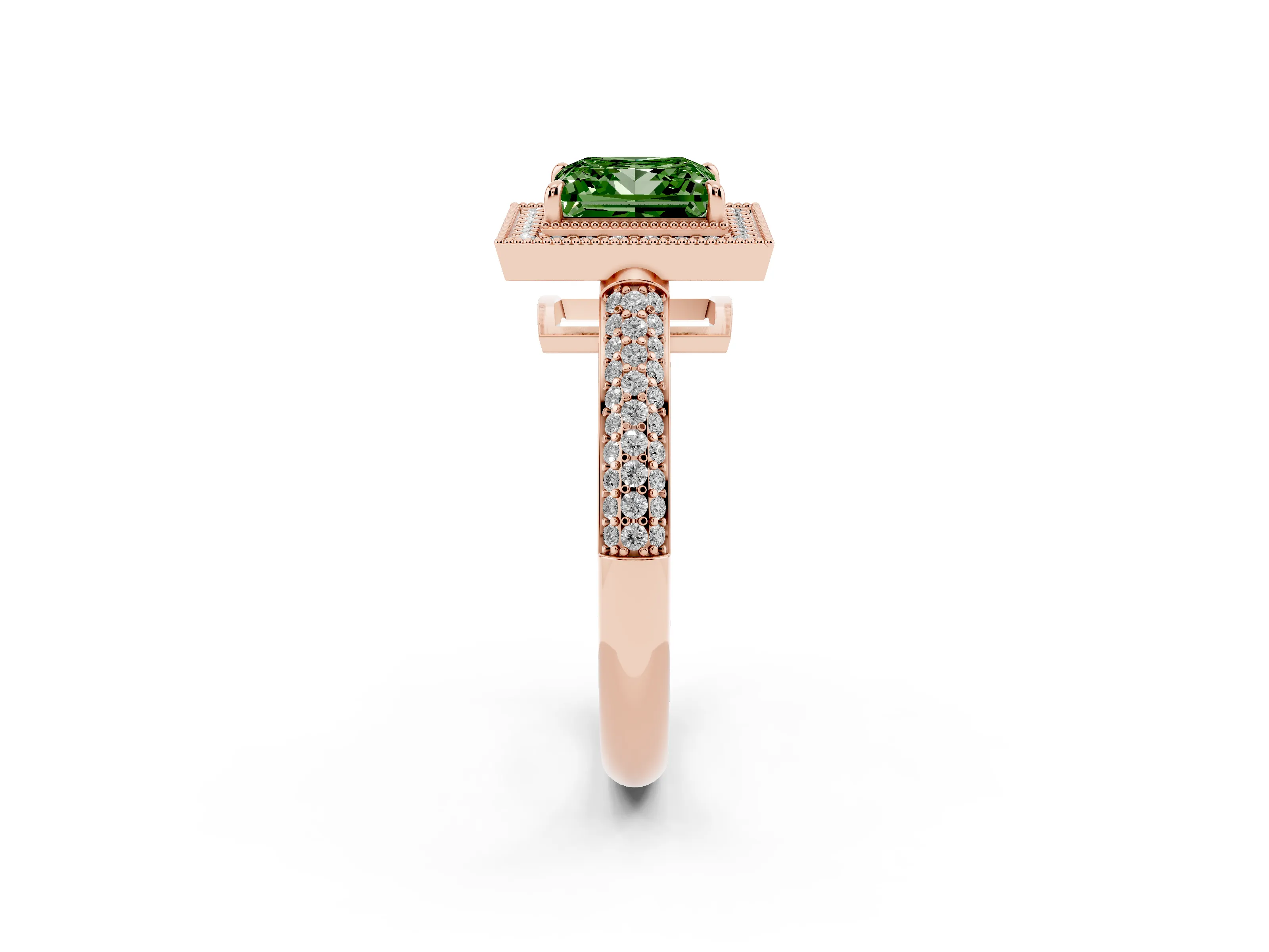 Fancy Green Princess Cut Diamond Halo Pavé Band Set in Rose gold with Prong Setting