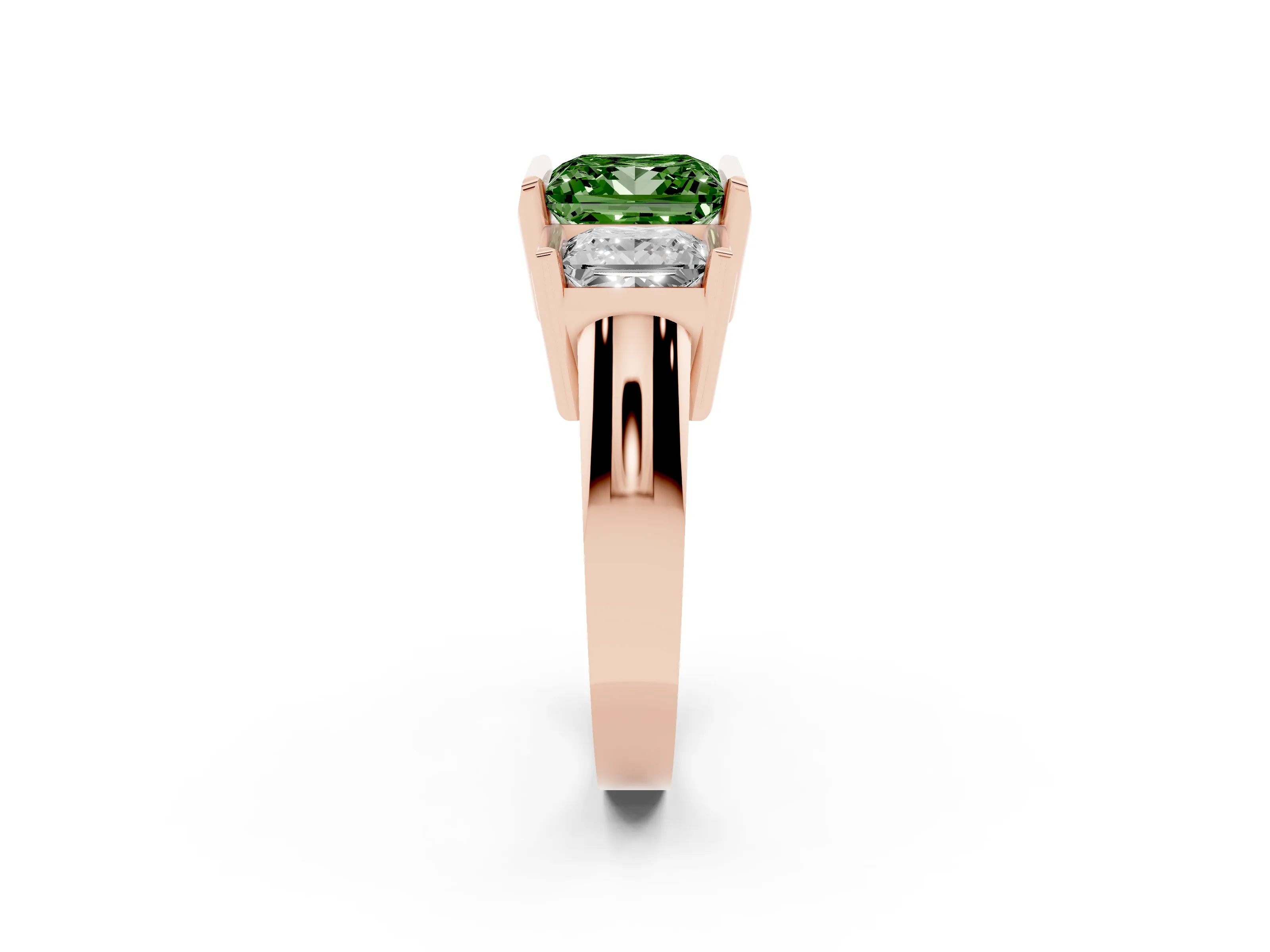 Fancy Green Princess Cut Diamond Three-Stone Channel Set Ring Set in Rose gold with Smooth Polished Band