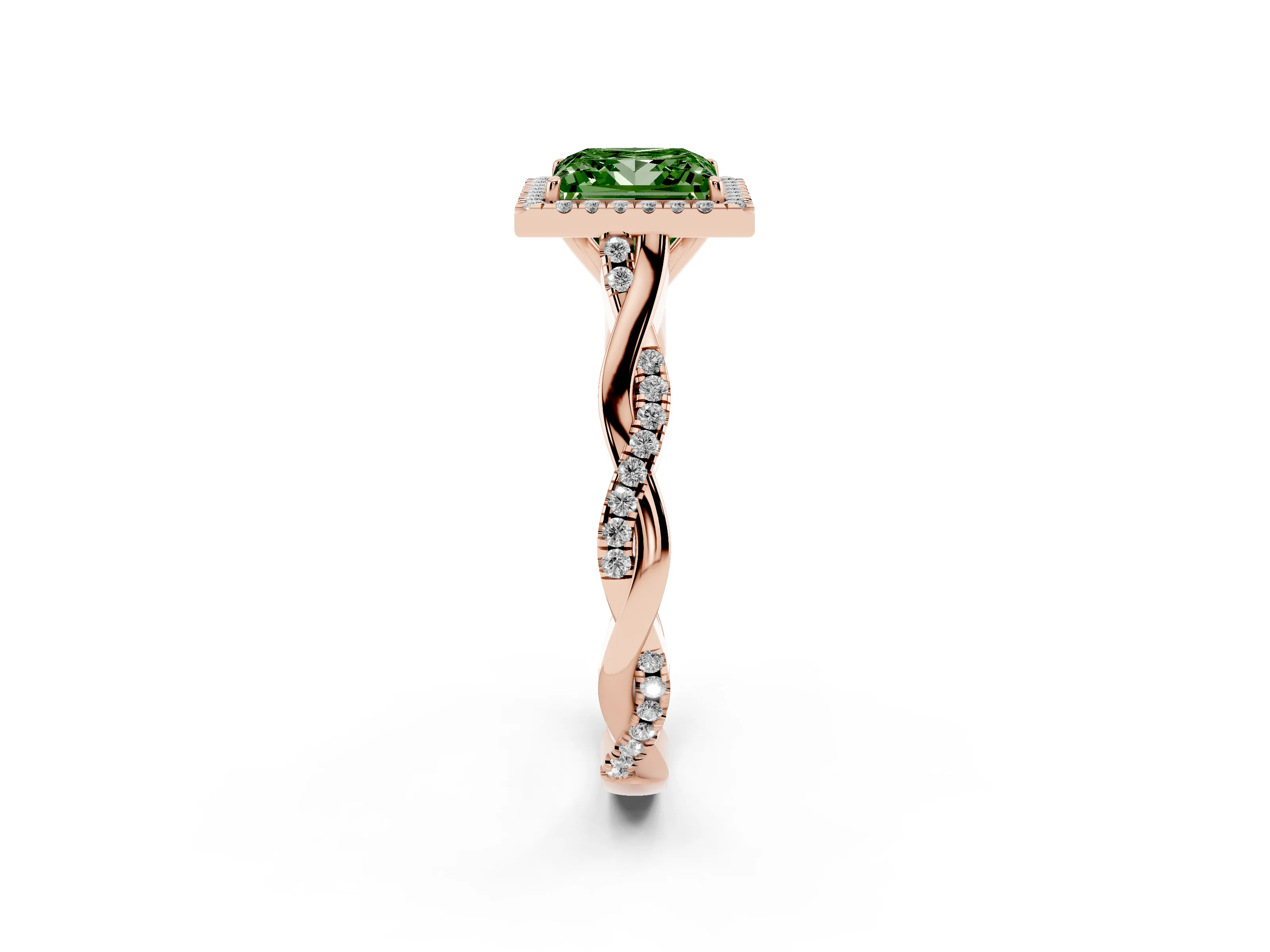 Fancy Green Princess Cut Diamond Halo Twist Band Solitaire Ring Set in Rose gold with Prong Setting
