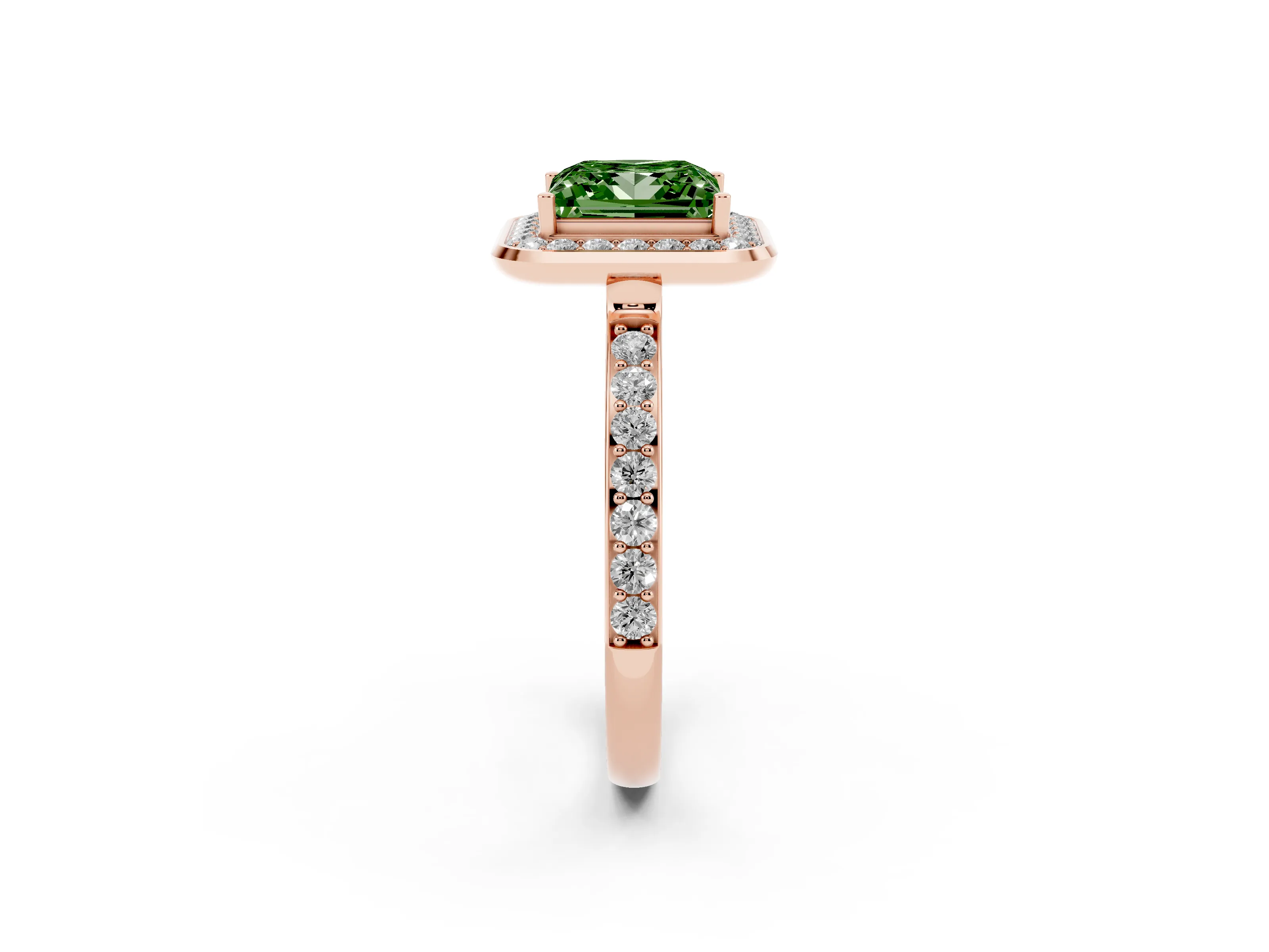 Fancy Green Princess Cut Diamond Halo Ring Set in Rose gold with Bezel Frame and Pavé Band