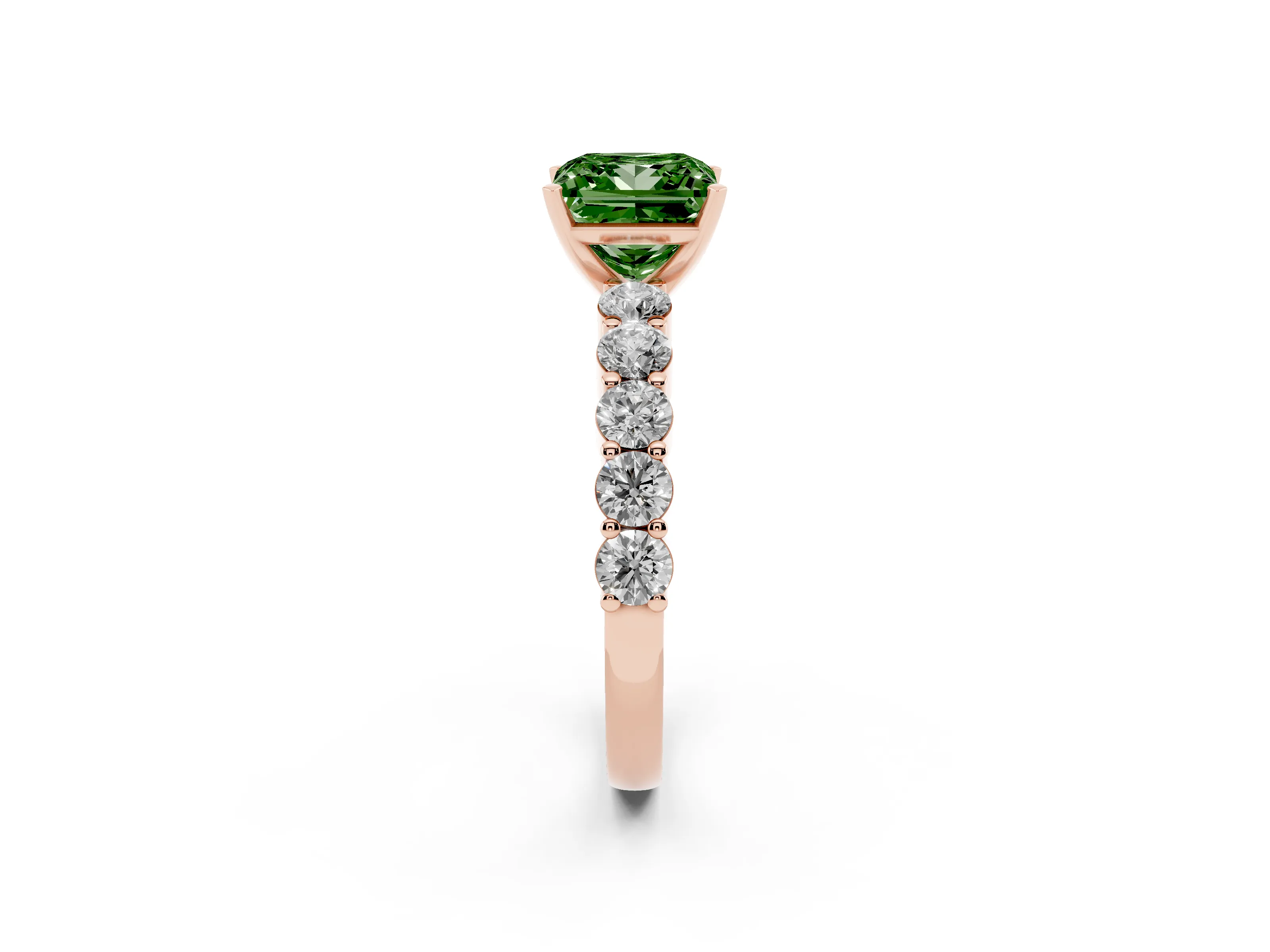 Fancy Green Princess Cut Diamond Solitaire Ring Set in Rose gold with Shared Prong Round Side Stones
