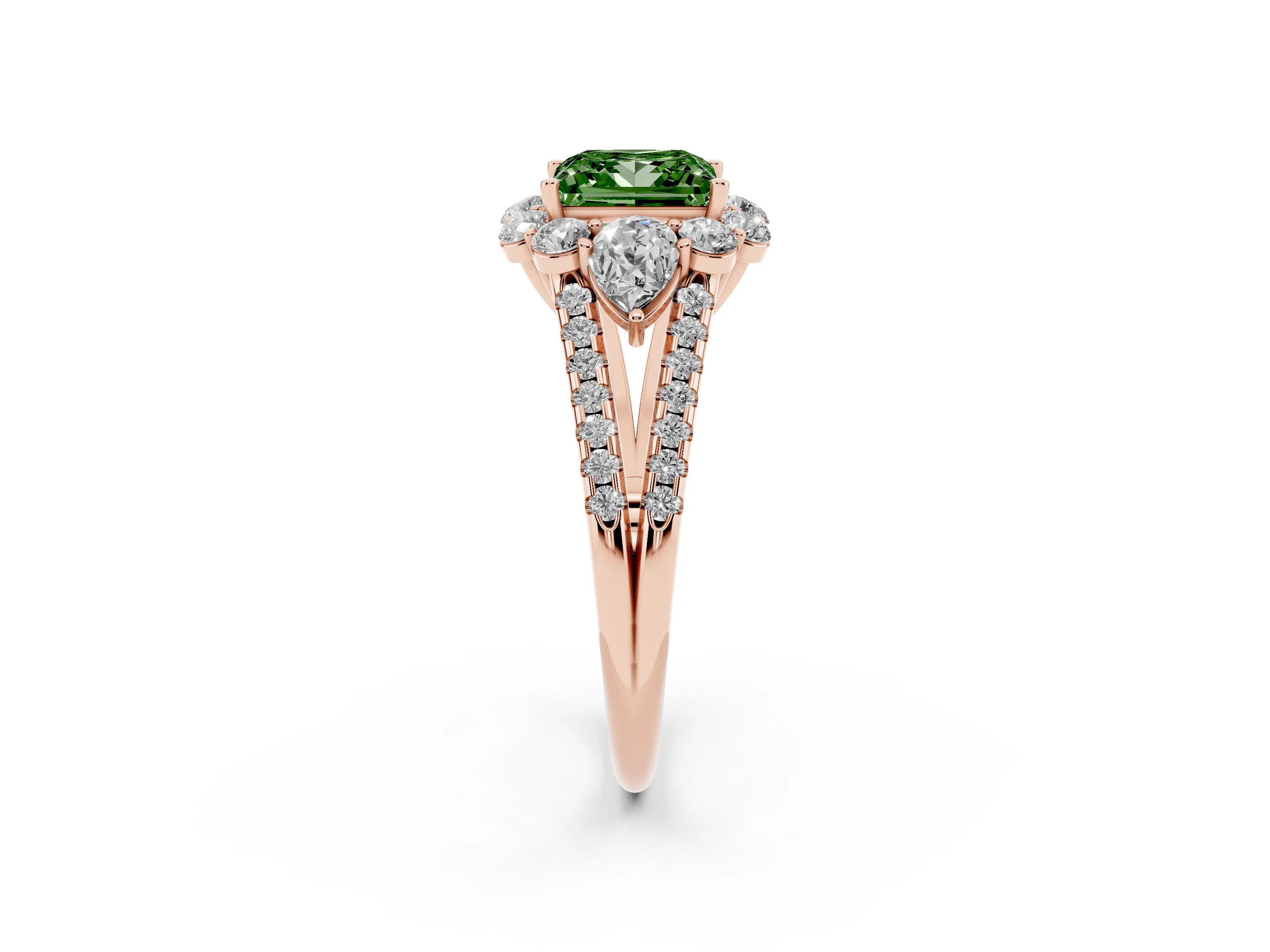 Fancy Green Princess Cut Diamond Halo Split Shank Engagement Ring Set in Rose gold with Prong-Held Center Stone