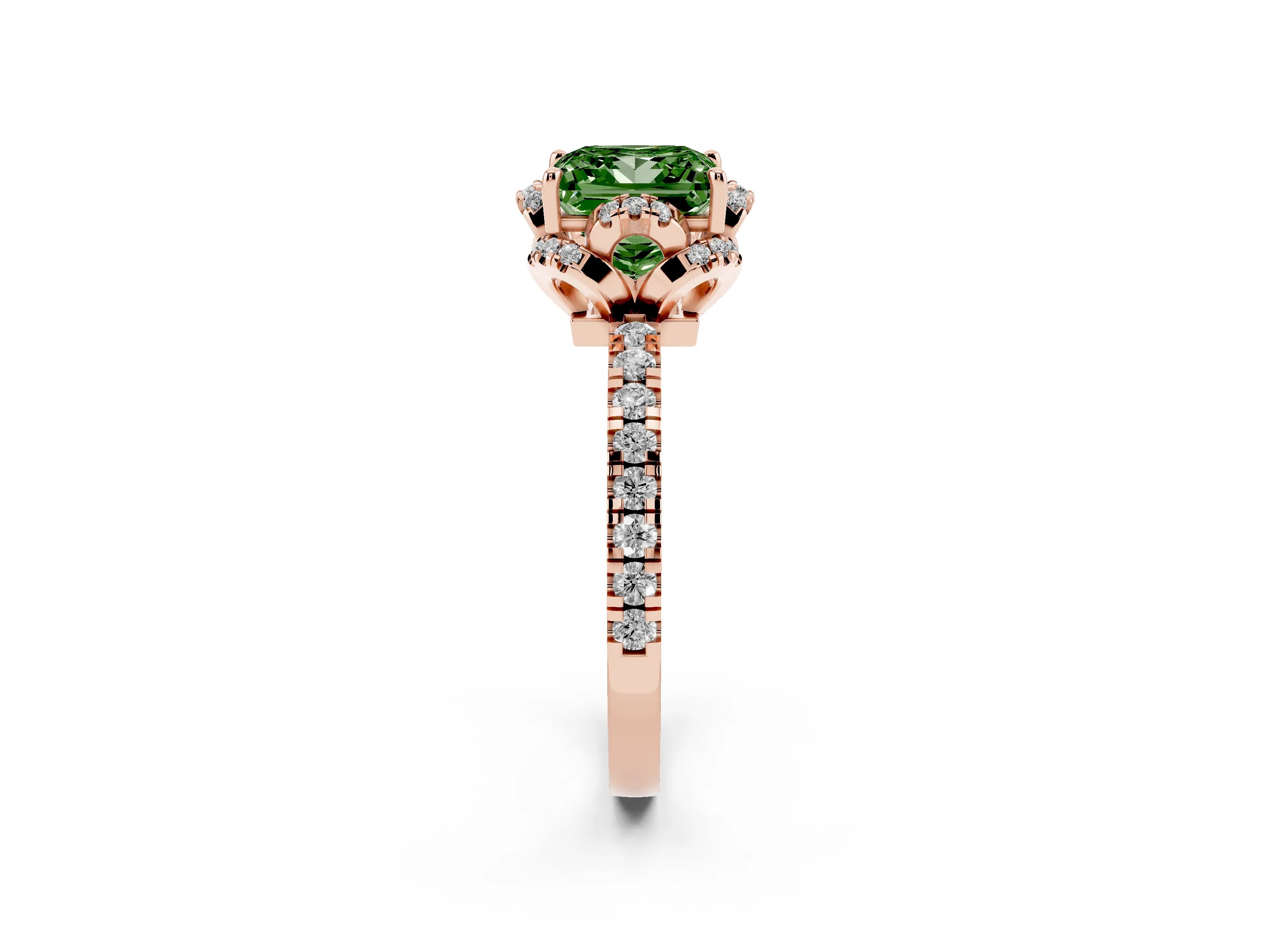 Fancy Green Princess Cut Diamond Halo Pavé Band Ring Set in Rose gold with Prong-Held Center