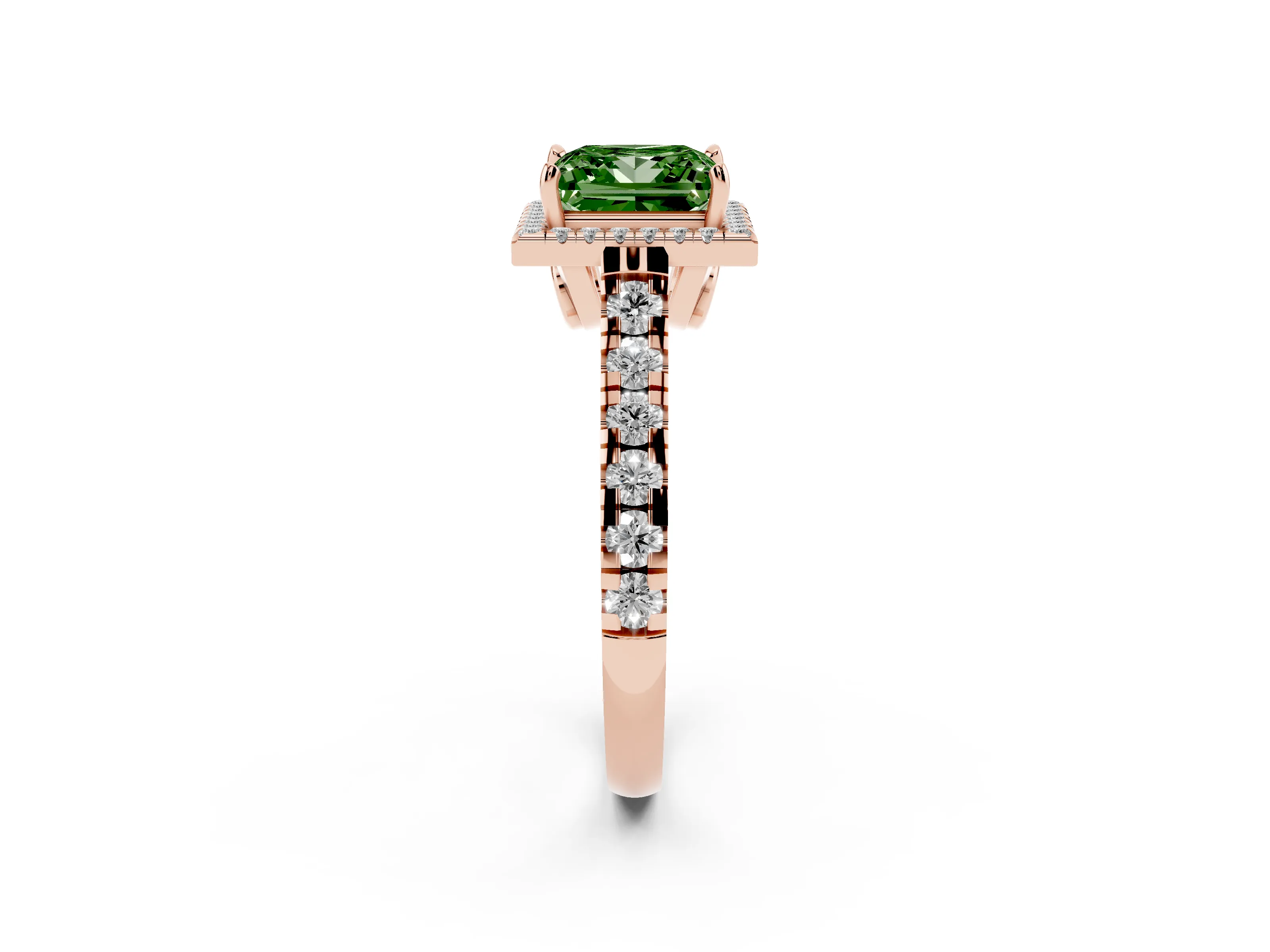 Fancy Green Princess Cut Diamond Halo Engagement Ring Set in Rose gold with Pavé Band and Prong-Set Center