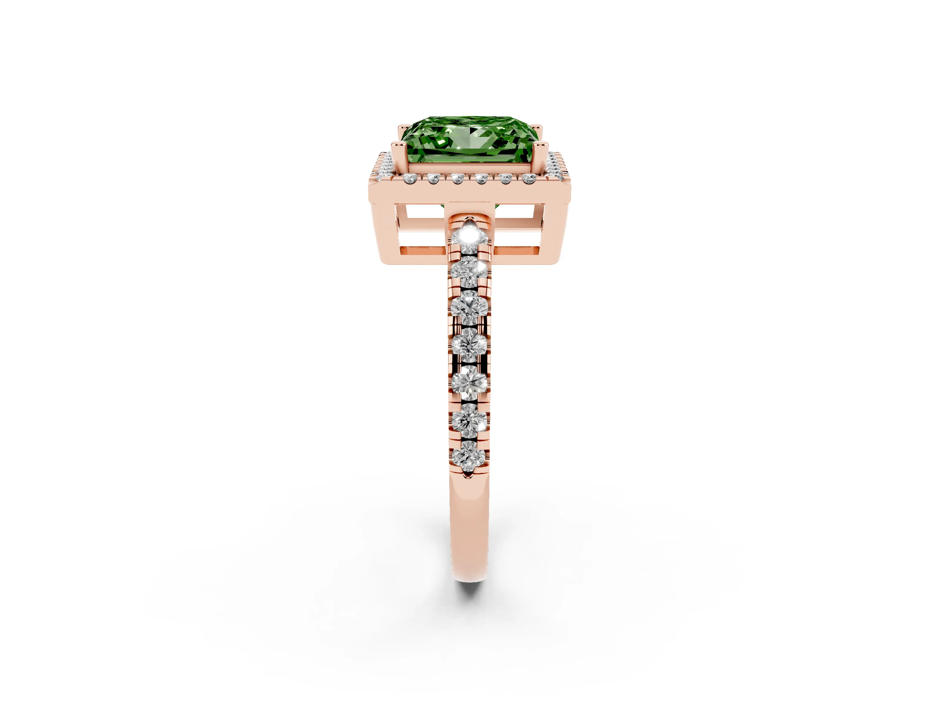 Fancy Green Princess Cut Diamond Halo Ring Set in Rose gold with Delicate Pavé Band and Prong Setting