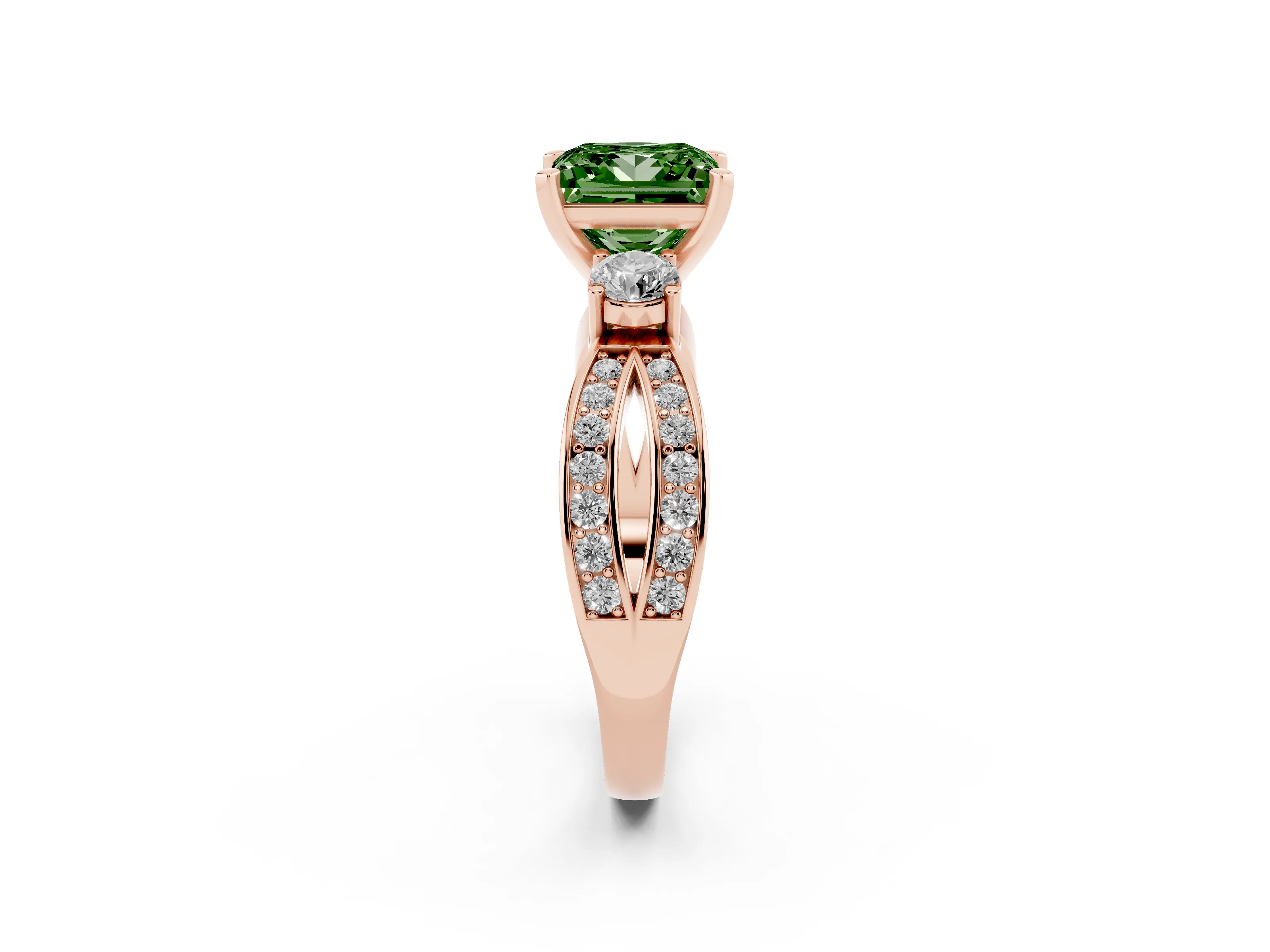 Fancy Green Three-Stone Princess Cut Diamond Twist Band Ring Set in Rose gold with Pavé Accents and Prong Setting
