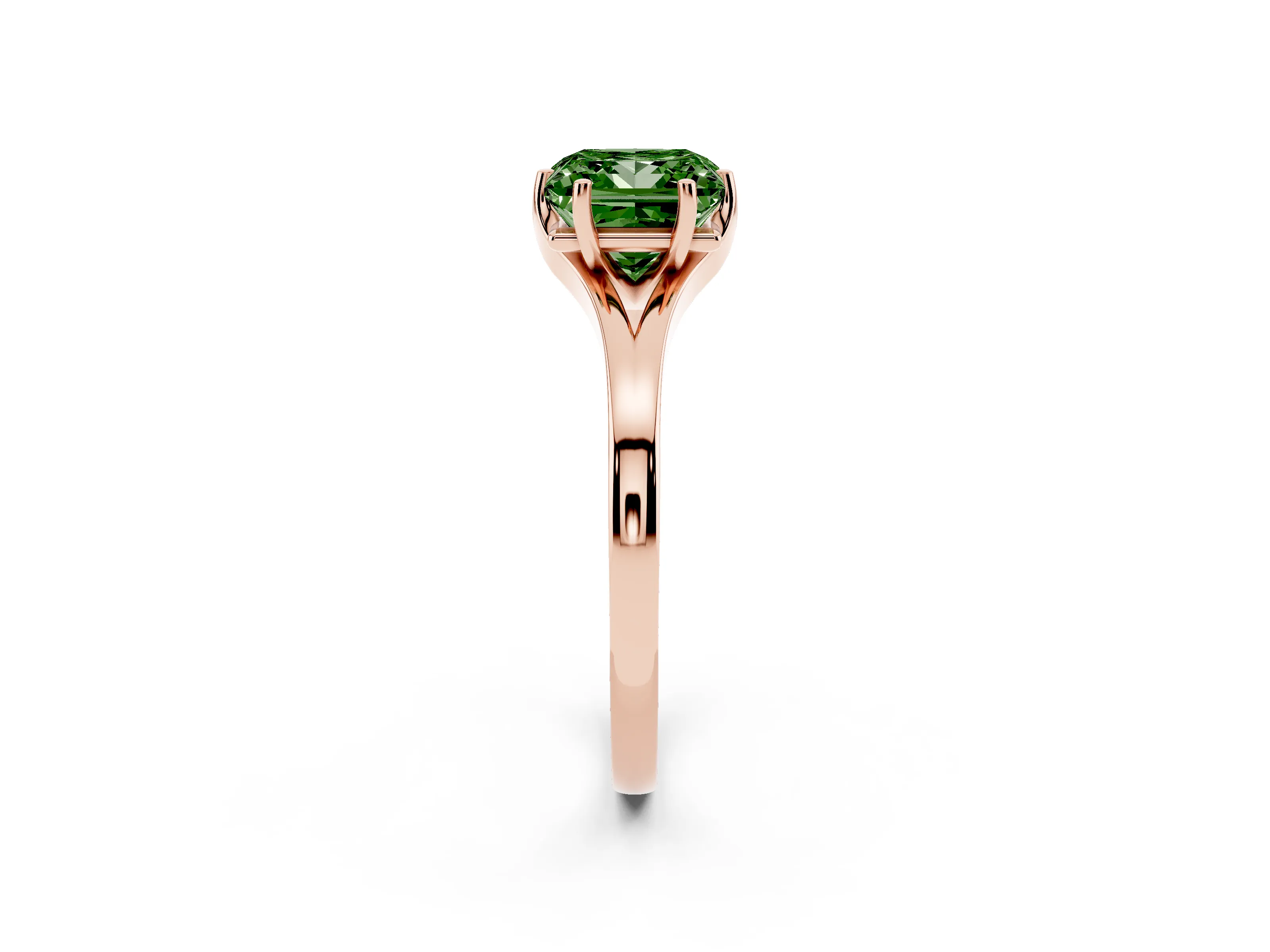 Fancy Green Princess Cut Diamond Solitaire Ring Set in Rose gold with Polished Tapered Band and Prong Setting