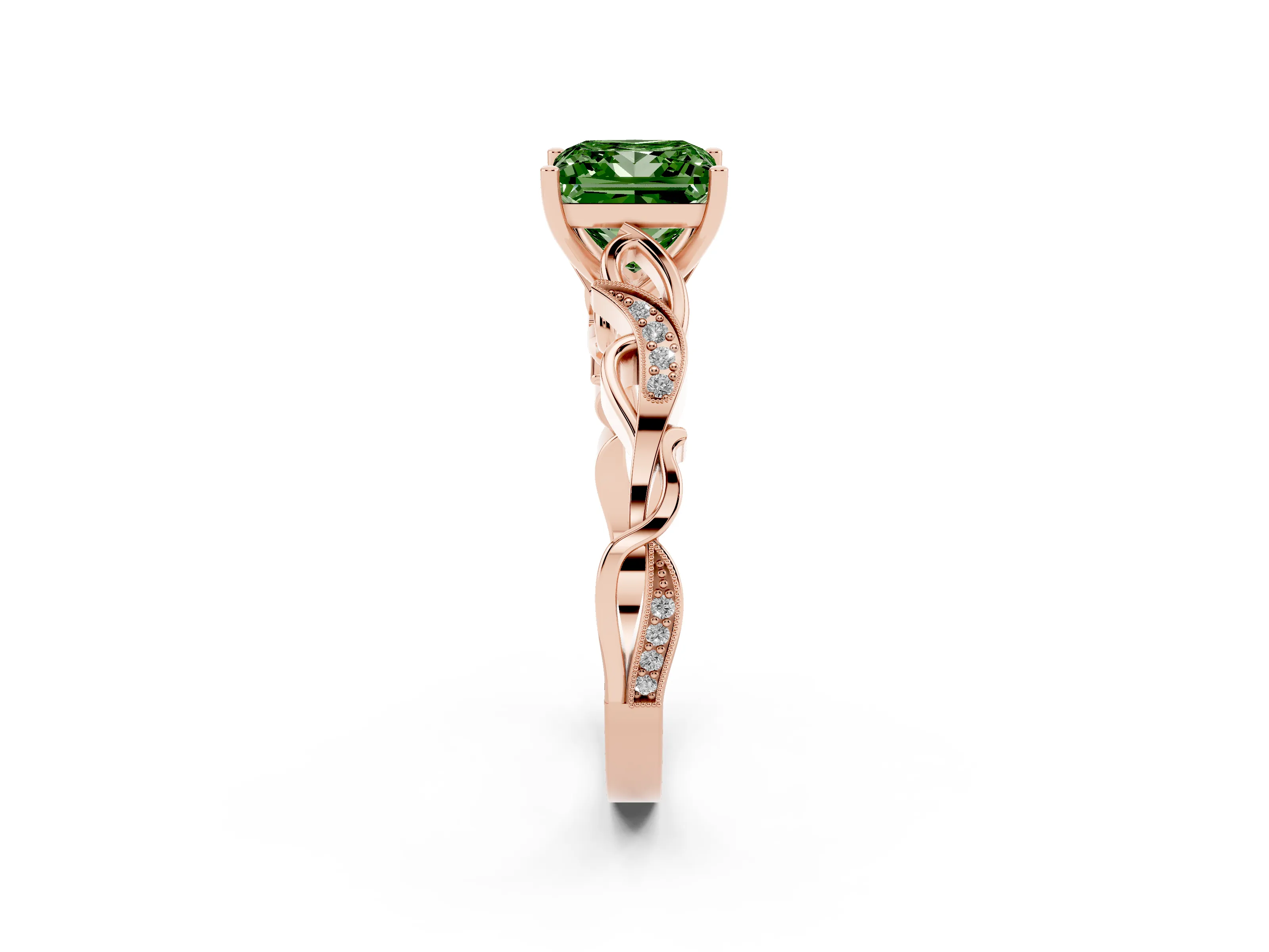 Fancy Green Princess Cut Diamond Vine Band Solitaire Ring Set in Rose gold with Milgrain Prong Setting