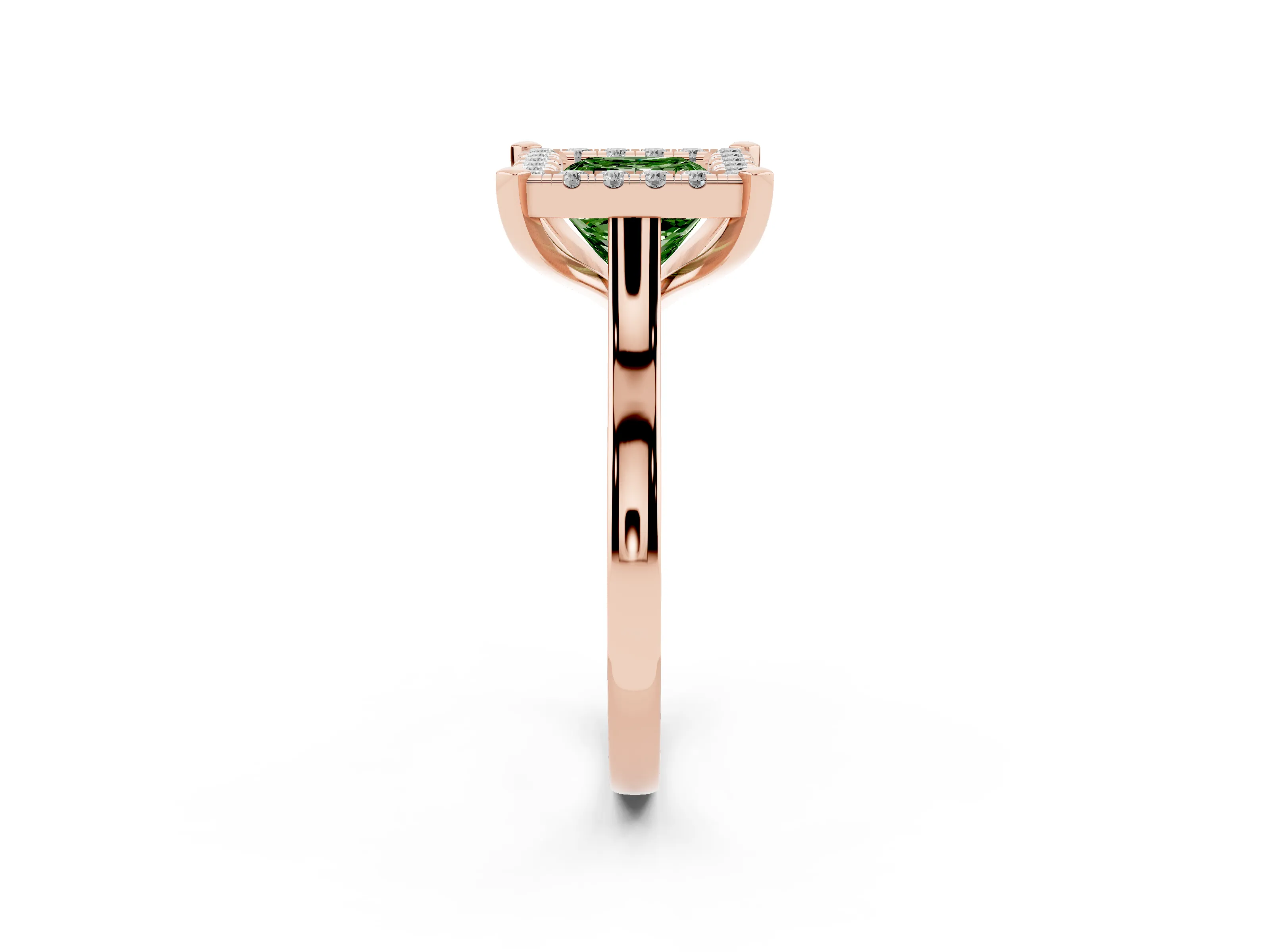 Fancy Green Princess Cut Diamond Cluster Halo Solitaire Ring Set in Rose gold with Prong Setting