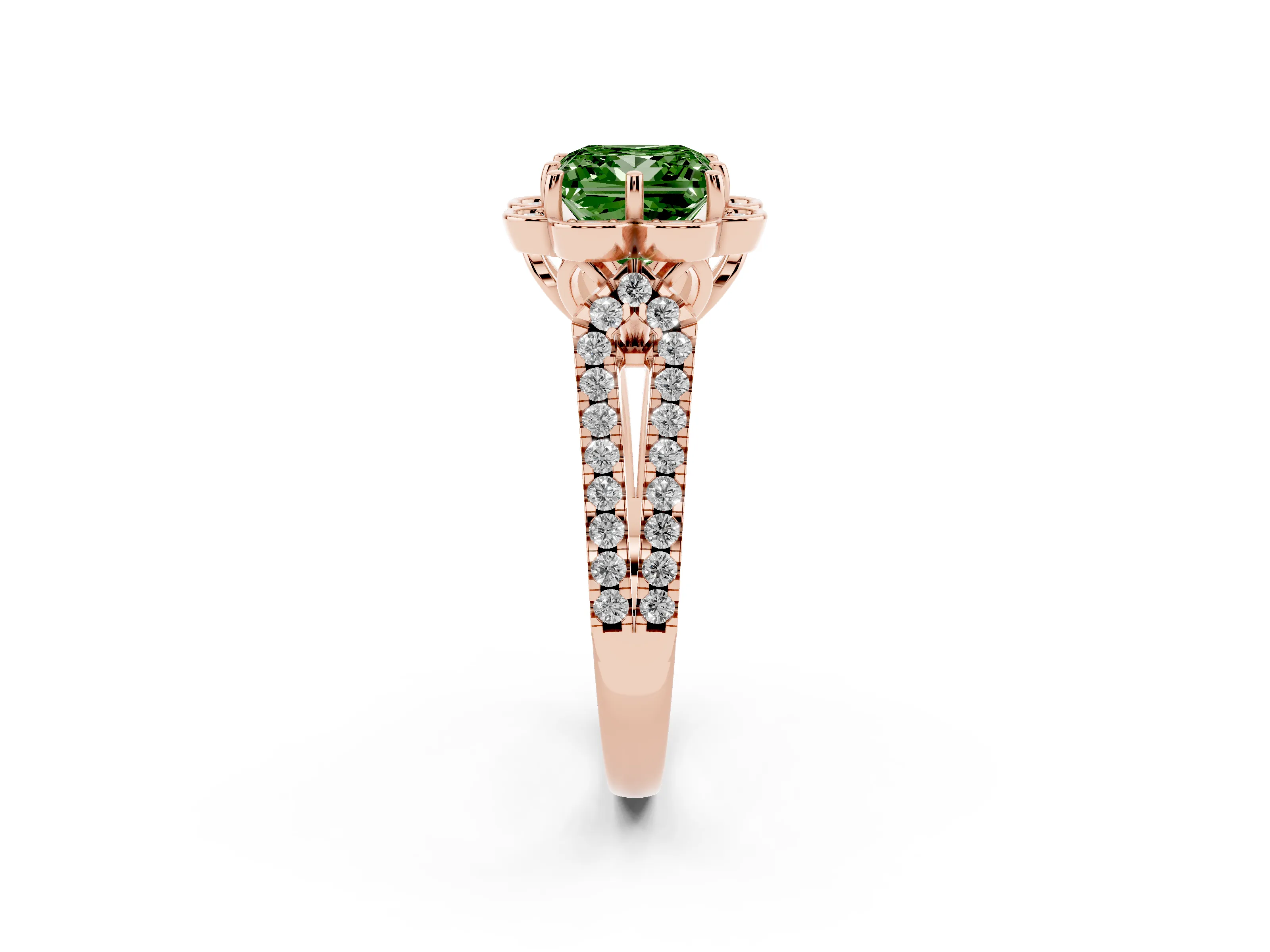 Fancy Green Princess Cut Diamond Floral Halo Split Shank Engagement Ring Set in Rose gold with Pavé Shank
