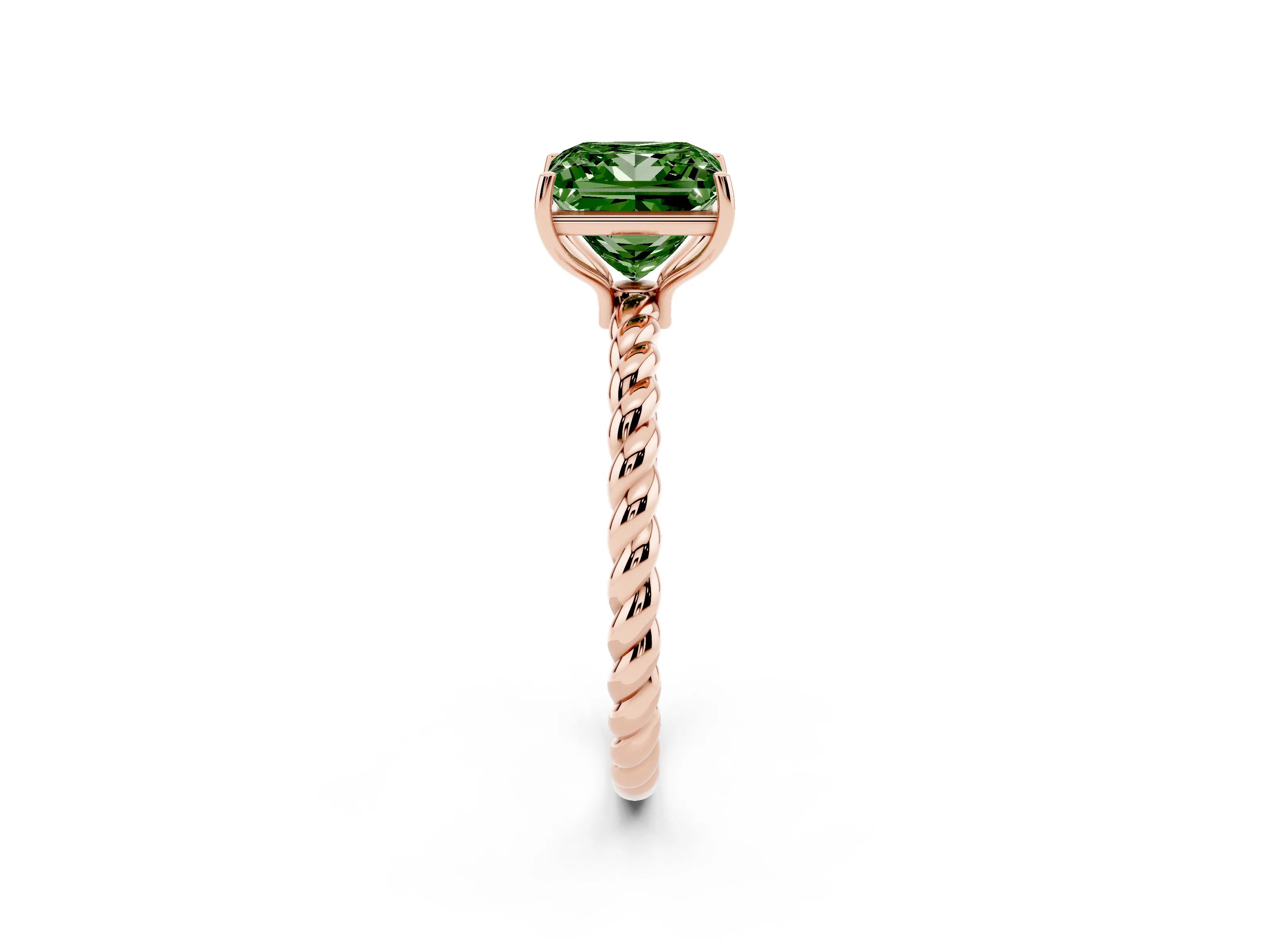 Fancy Green Princess Cut Diamond Solitaire Ring Set in Rose gold with Twist Band and Prong Setting
