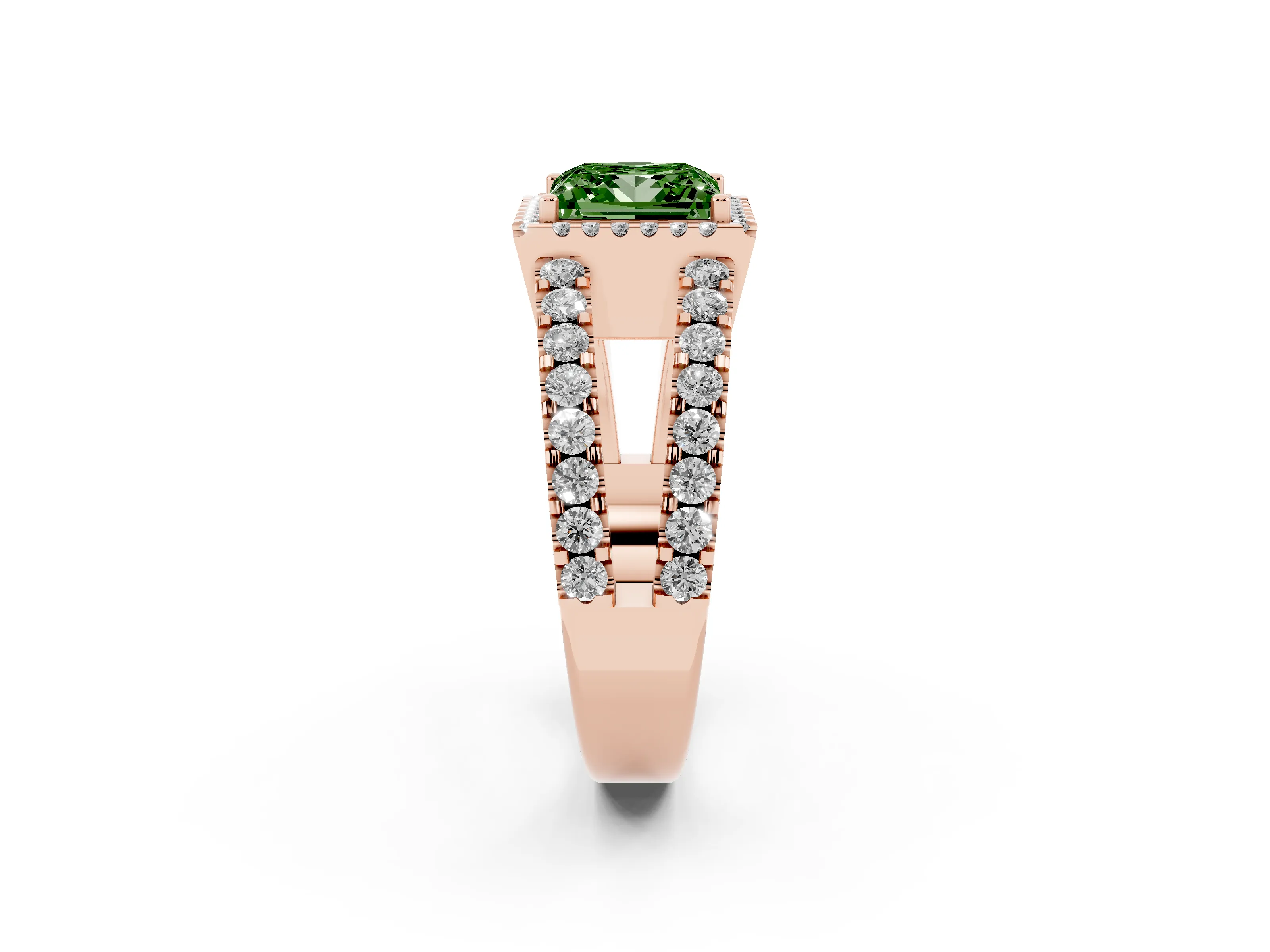 Fancy Green Princess Cut Diamond Halo Ring Set in Rose gold with Pavé Split Shank and Prong Setting