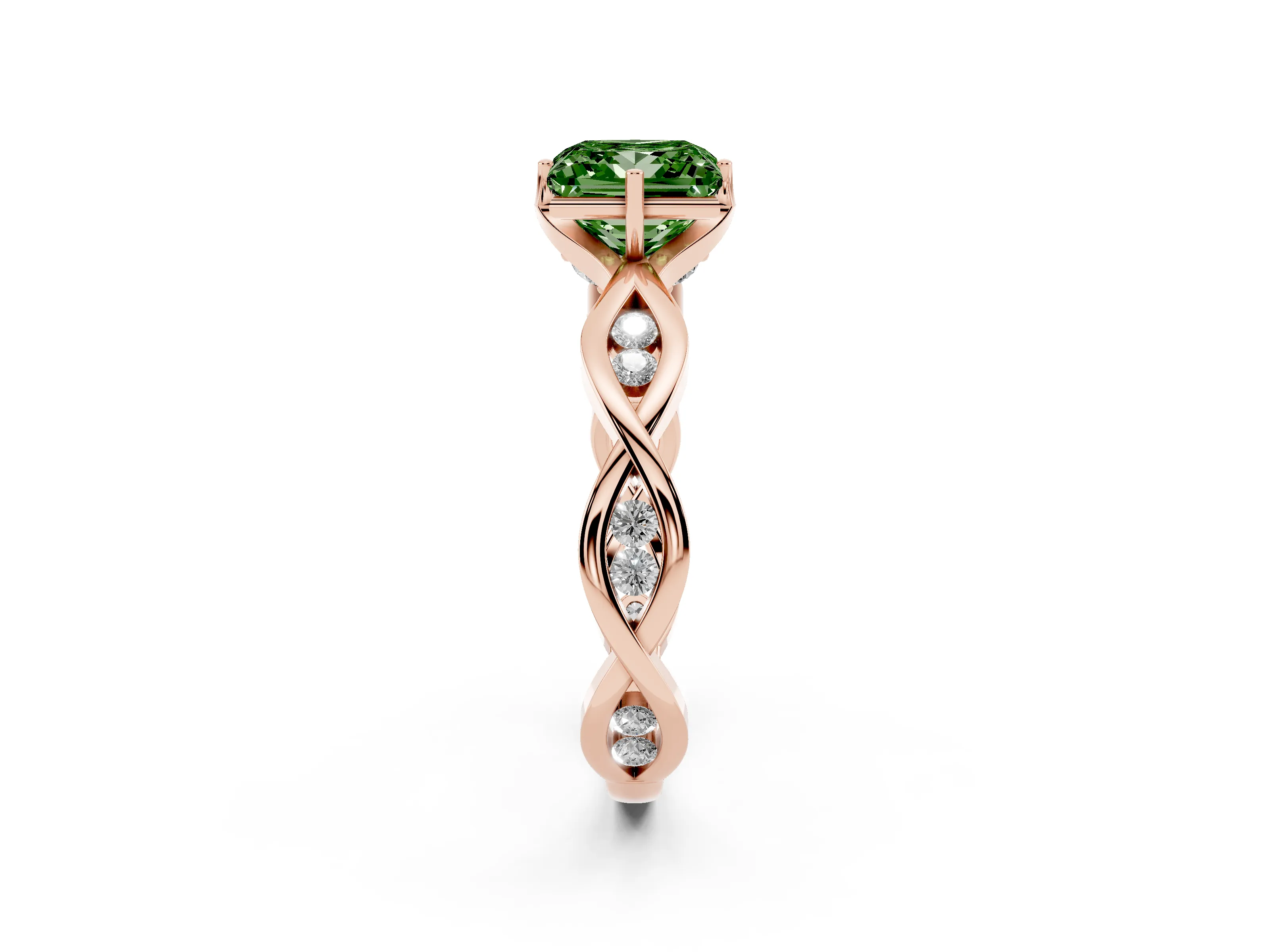 Fancy Green Princess Cut Diamond Twist Band Solitaire Ring Set in Rose gold with Leaf Prong Setting and Accent Stones