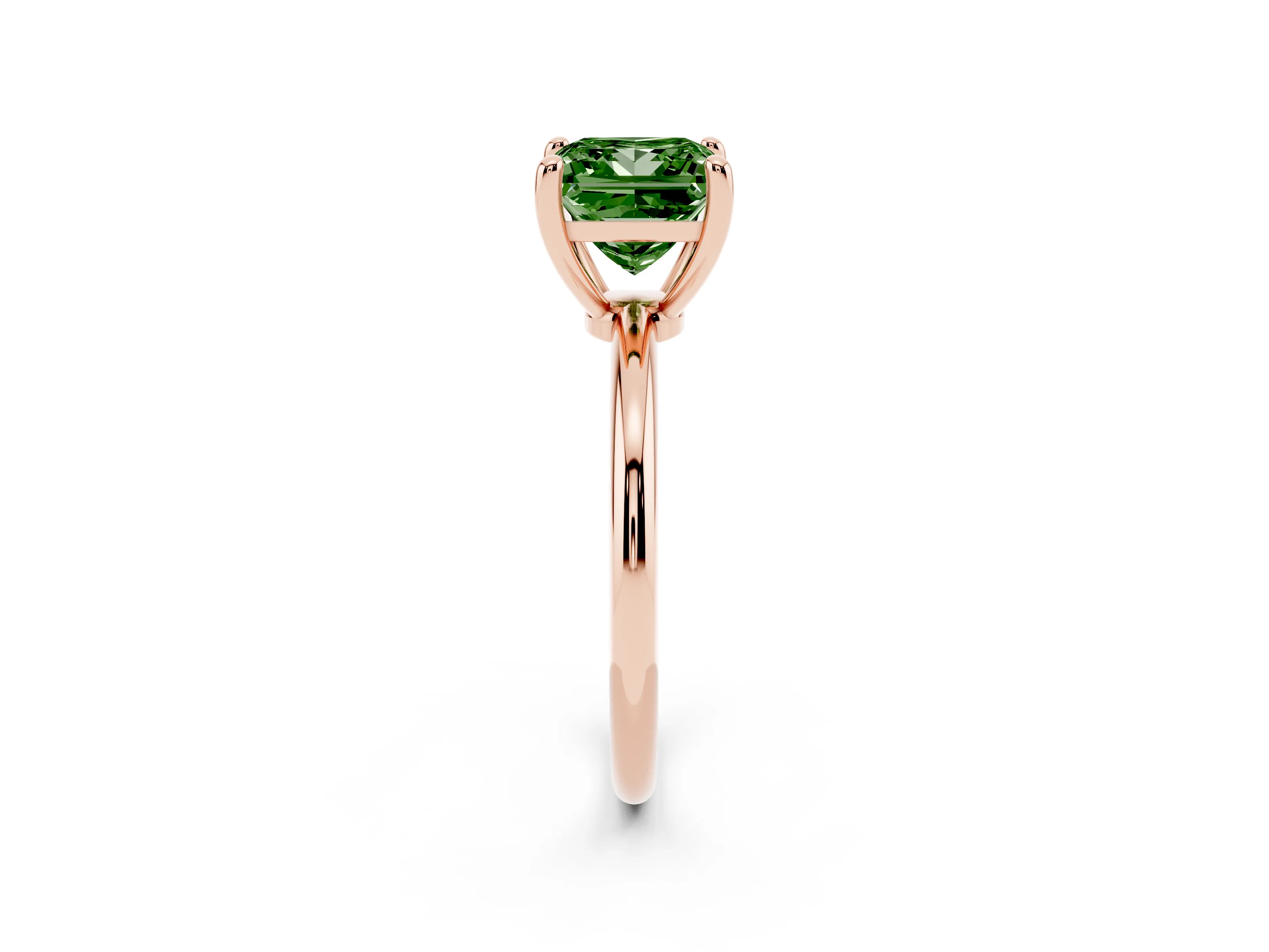 Fancy Green Princess Cut Diamond Solitaire Ring Set in Rose gold with Secure Prong Setting on a Classic Band