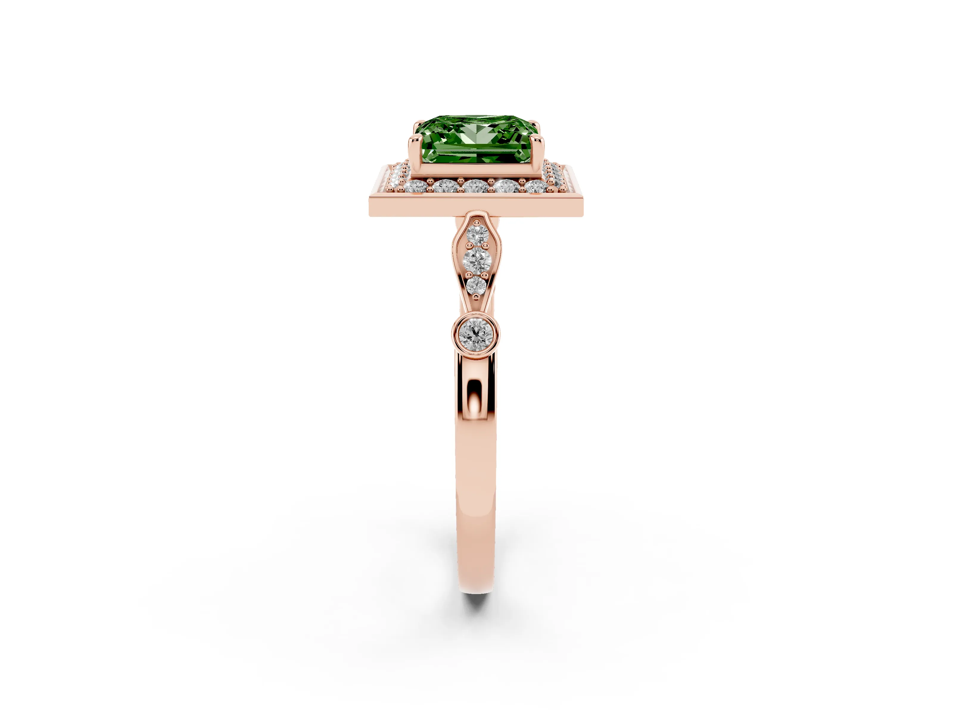 Fancy Green Princess Cut Diamond Halo Engagement Ring Set in Rose gold with Twisted Band and Prong Setting