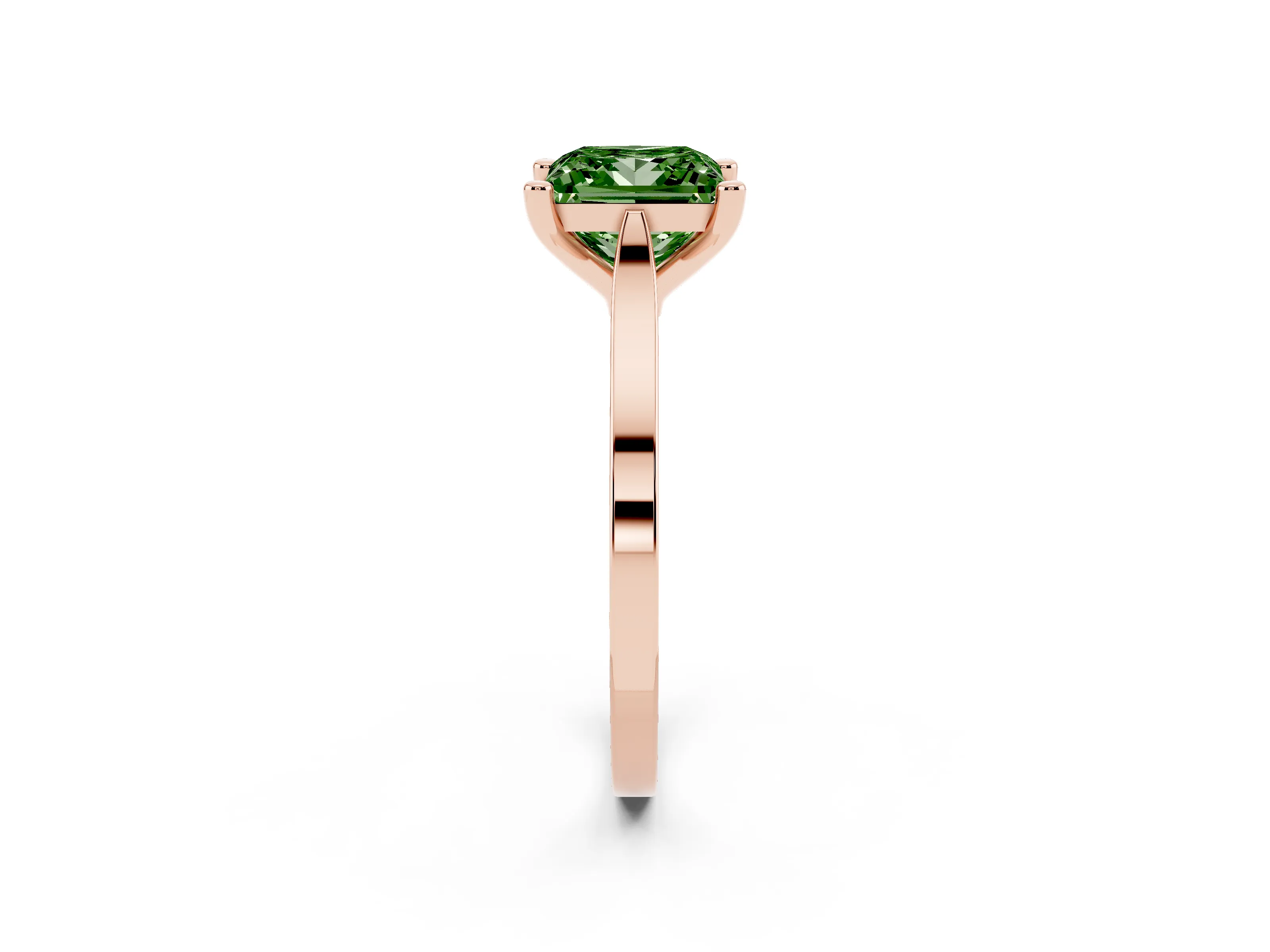 Fancy Green Princess Cut Diamond Solitaire Ring Set in Rose gold with Prong Setting and Tapered Band