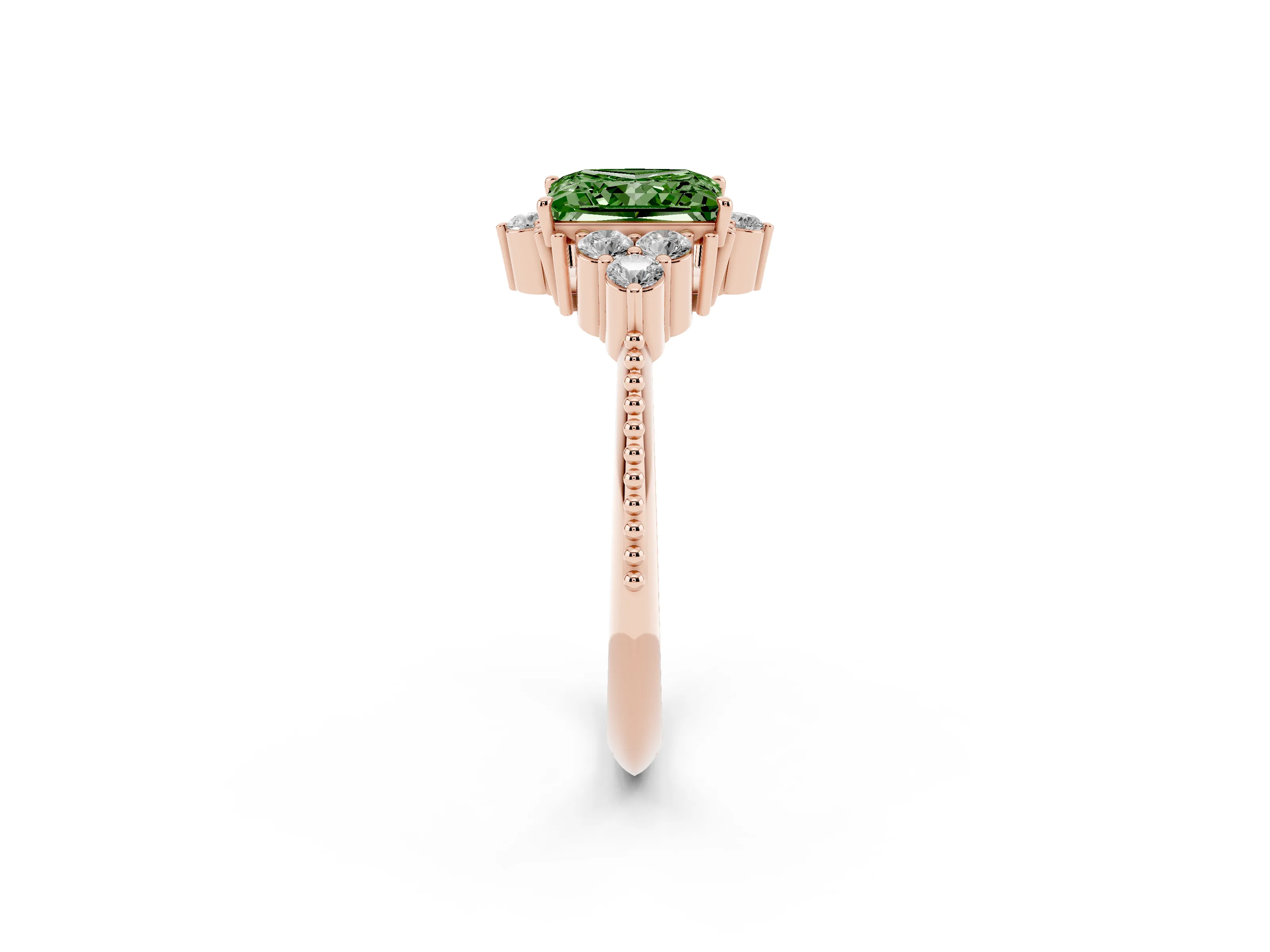 Fancy Green Princess Cut Diamond Cluster Ring Set in Rose gold with Beaded Band