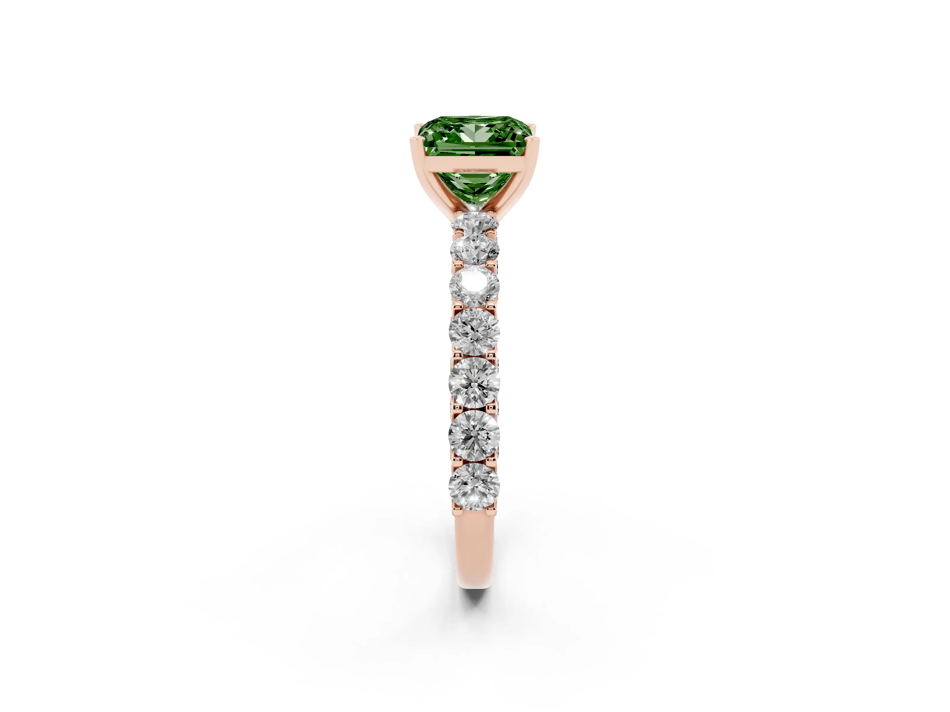 Fancy Green Princess Cut Diamond Solitaire Ring Set in Rose gold with Shared Prong Pavé Band