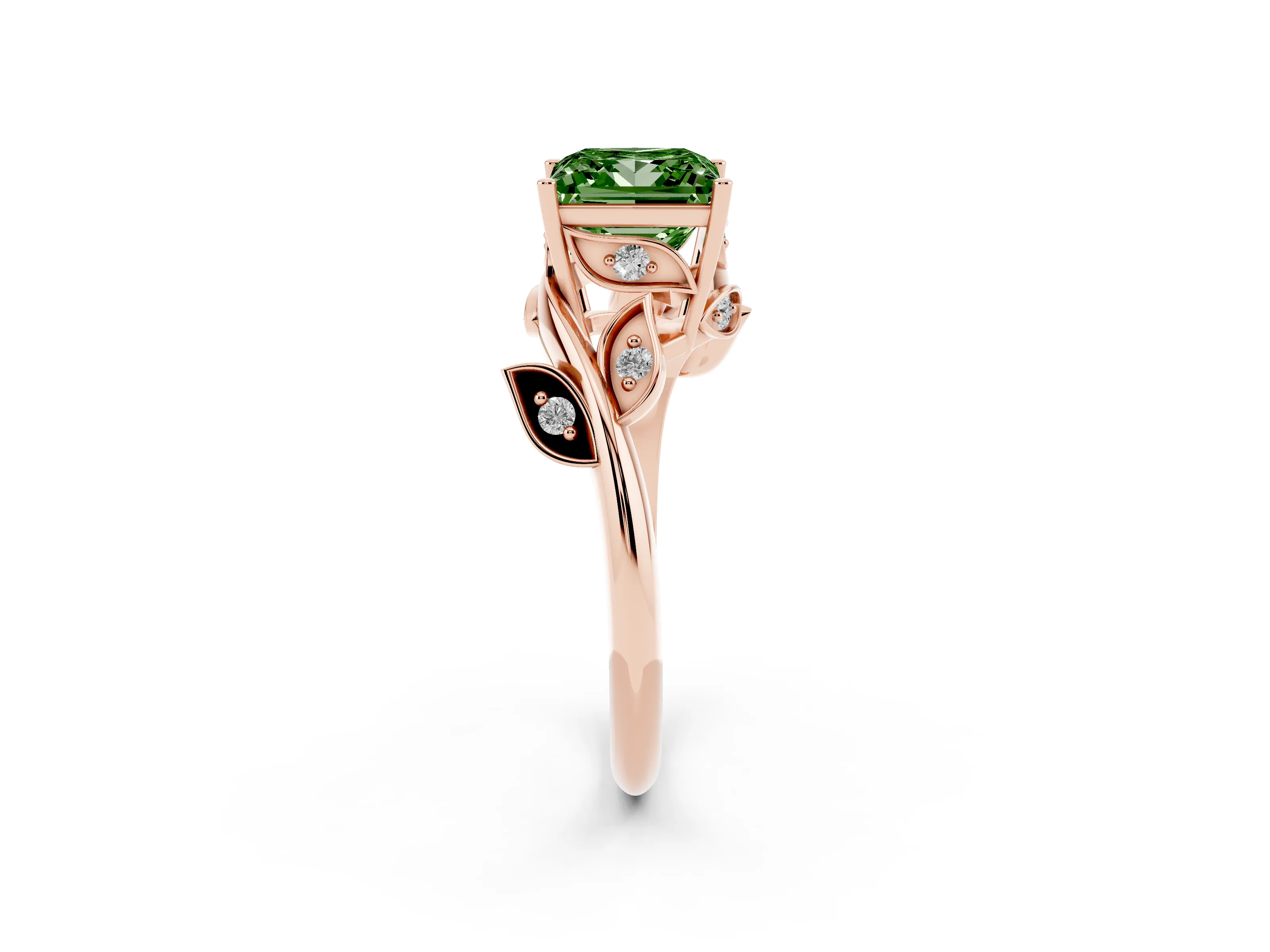 Fancy Green Princess Cut Diamond Solitaire Twist Engagement Ring Set in Rose gold with Pavé Leaf Accents
