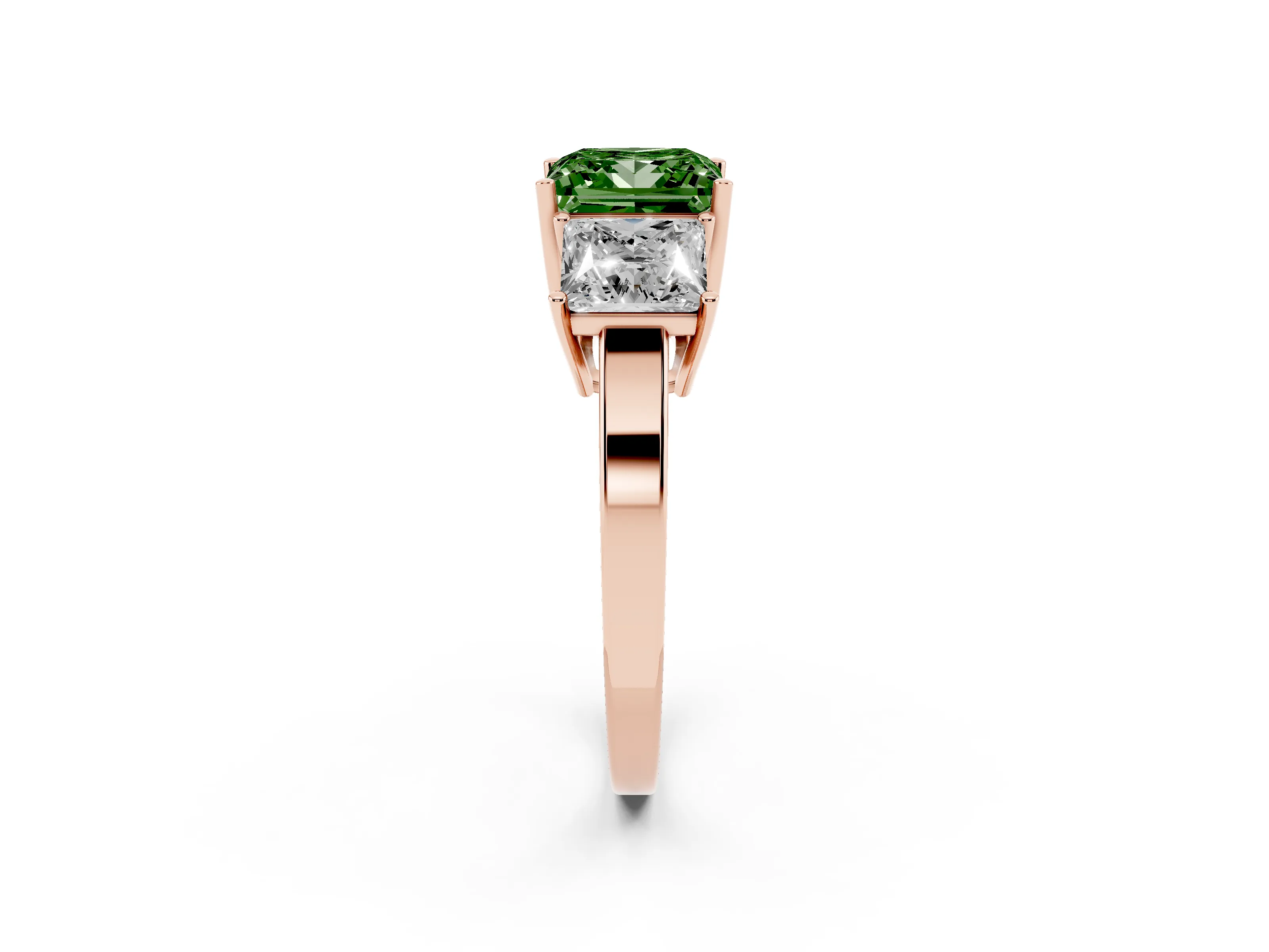 Fancy Green Princess Cut Diamond Three-Stone Engagement Ring Set in Rose gold with Flat Band