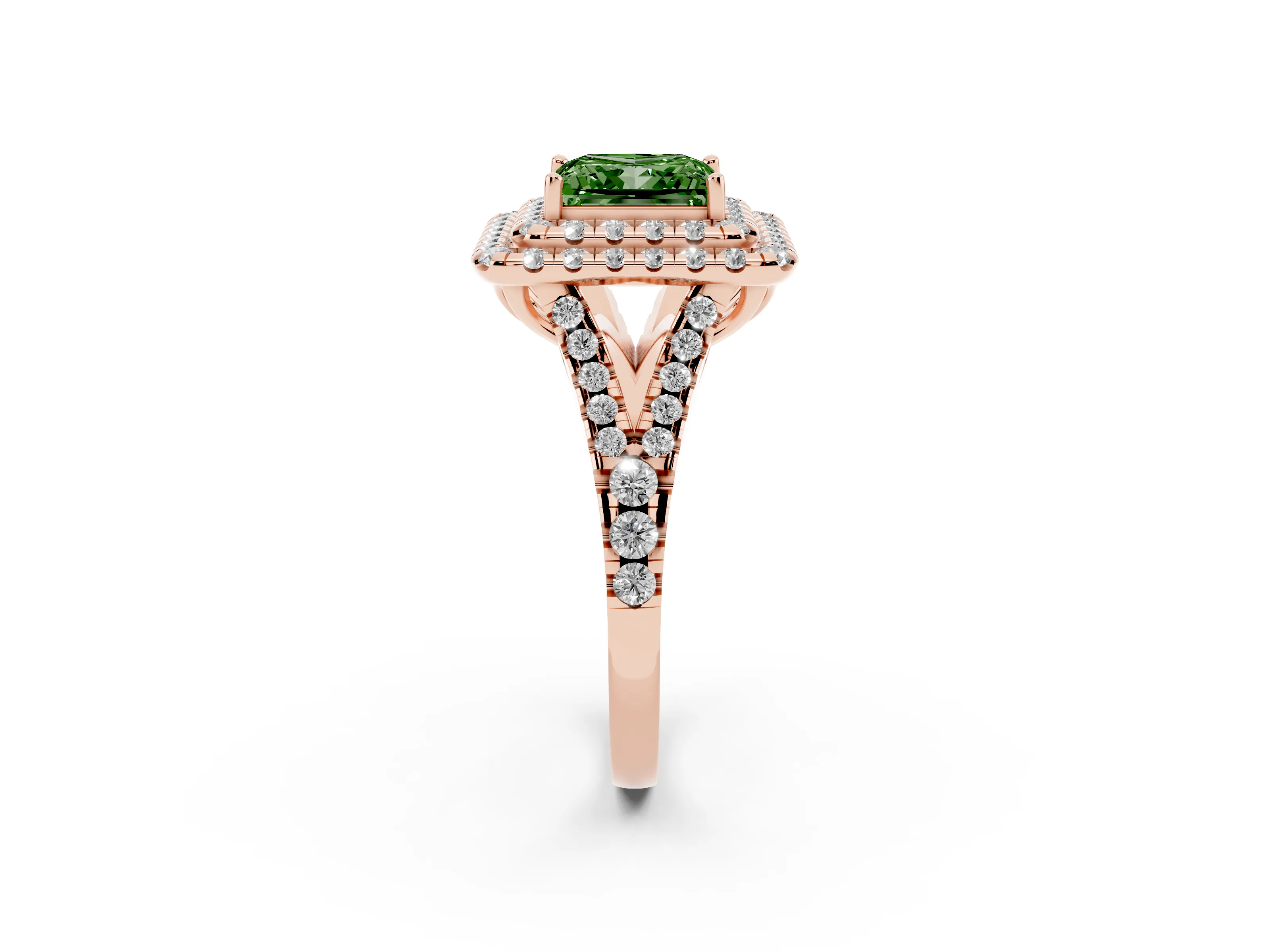 Fancy Green Princess Cut Diamond Double Halo Ring Set in Rose gold with Pavé Split Shank and Prong Setting