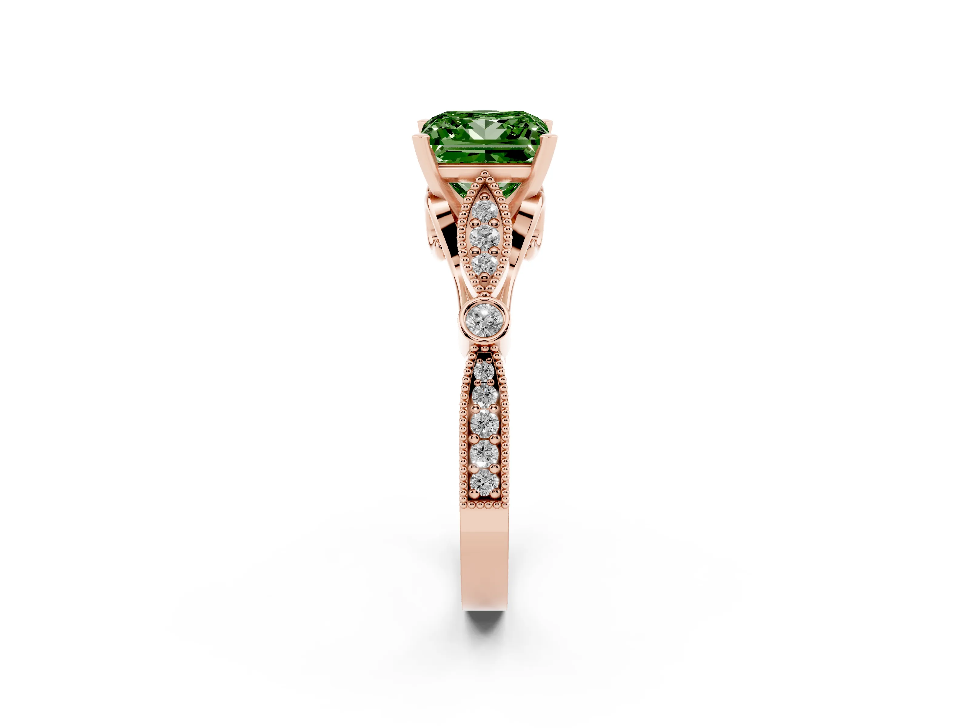 Fancy Green Princess Cut Diamond Solitaire Ring Set in Rose gold with Milgrain Marquise and Bezel Accents