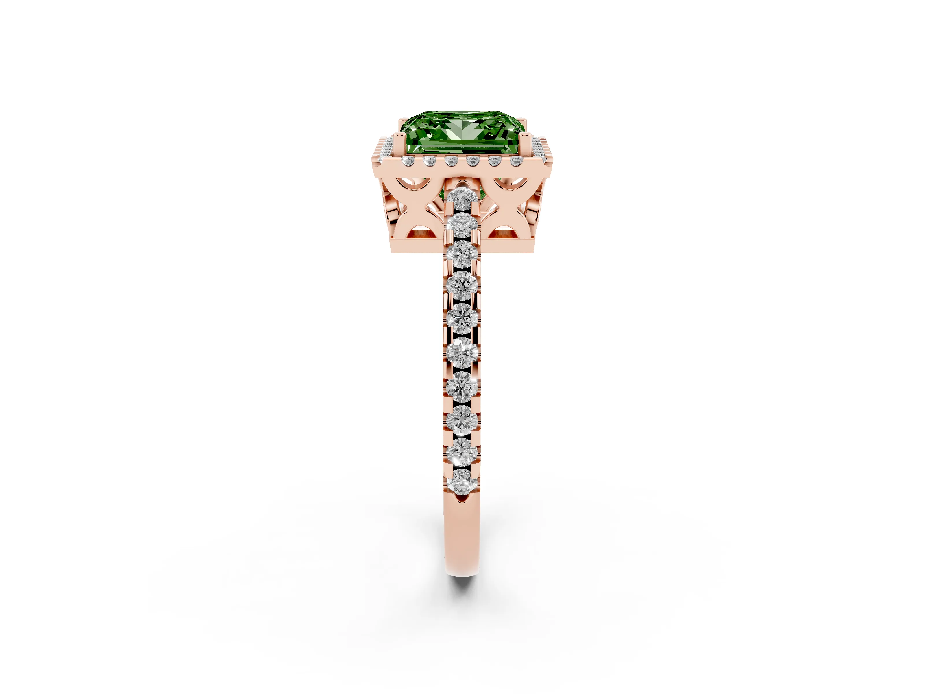 Fancy Green Princess Cut Diamond Halo Ring Set in Rose gold with Pavé Shoulders and Halo-Framed Center