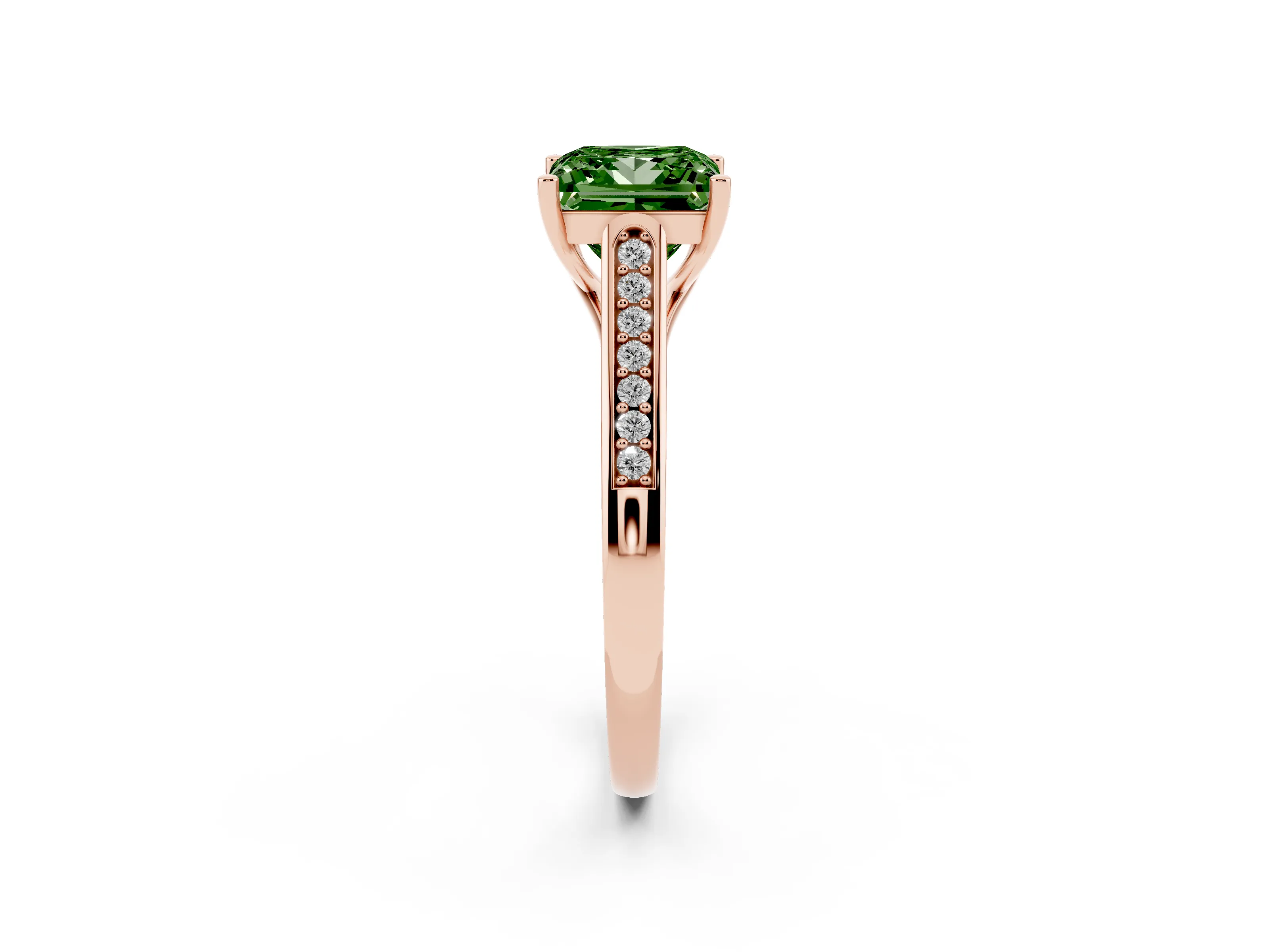 Fancy Green Princess Cut Diamond Solitaire Cathedral Engagement Ring Set in Rose gold with Channel-Set Band and Prong Setting