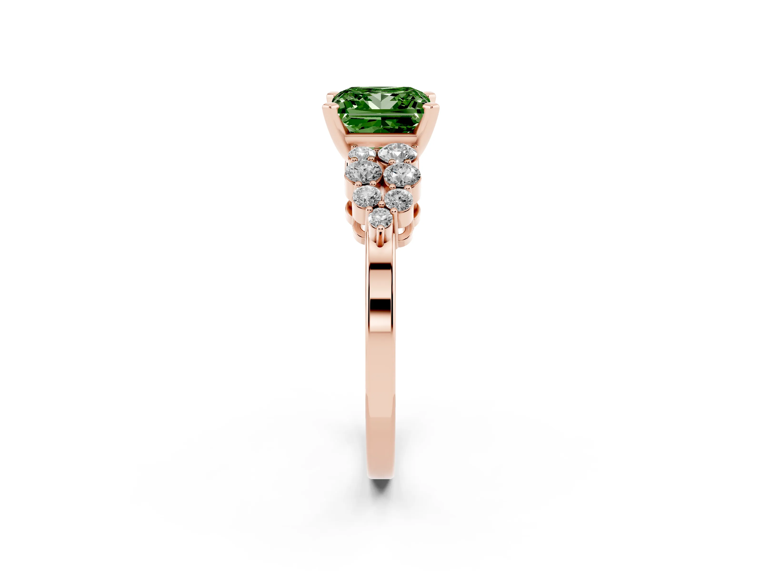 Fancy Green Princess Cut Diamond Cluster Engagement Ring Set in Rose gold with Pavé Band and Prong Setting