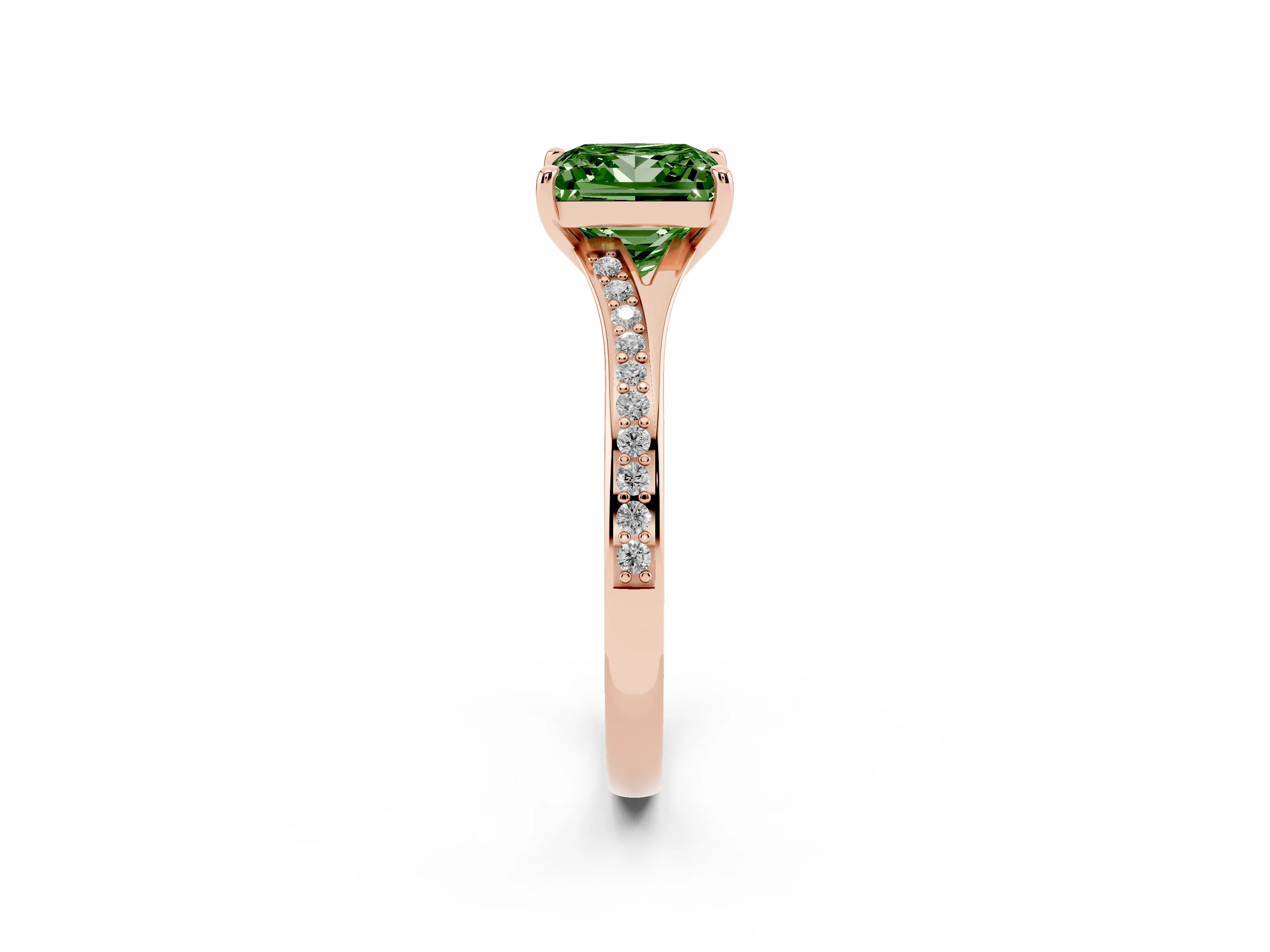 Fancy Green Princess Cut Diamond Solitaire Ring Set in Rose gold with Pavé Accent Band and Classic Prong Setting