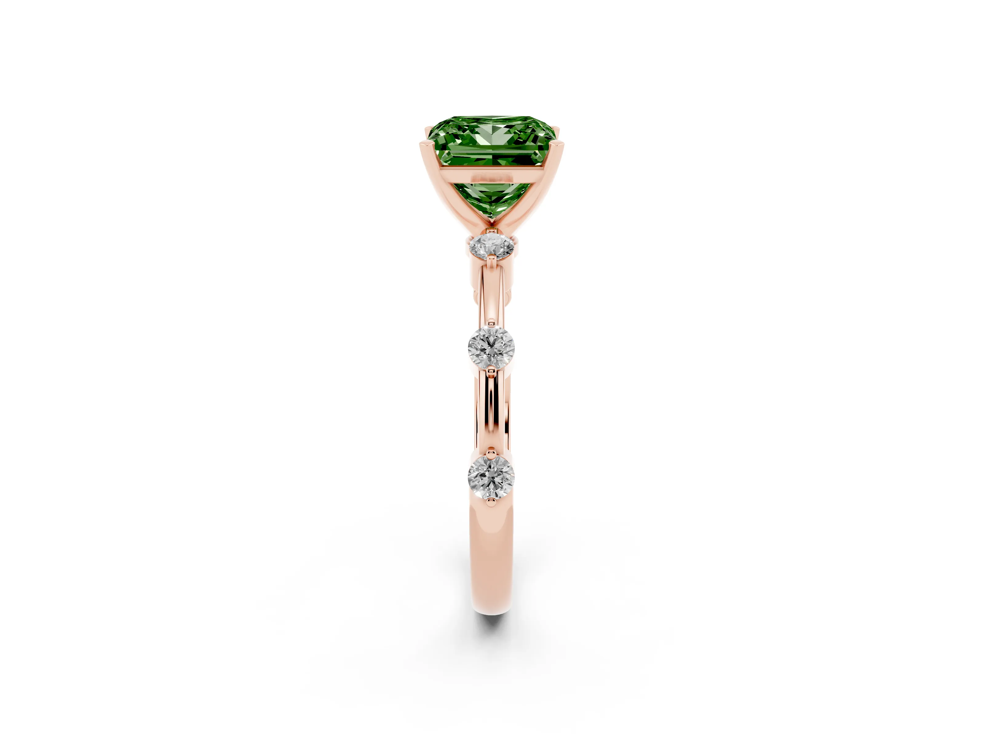 Fancy Green Princess Cut Diamond Solitaire Ring Set in Rose gold with Bezel Set Side Stones and Prong Setting