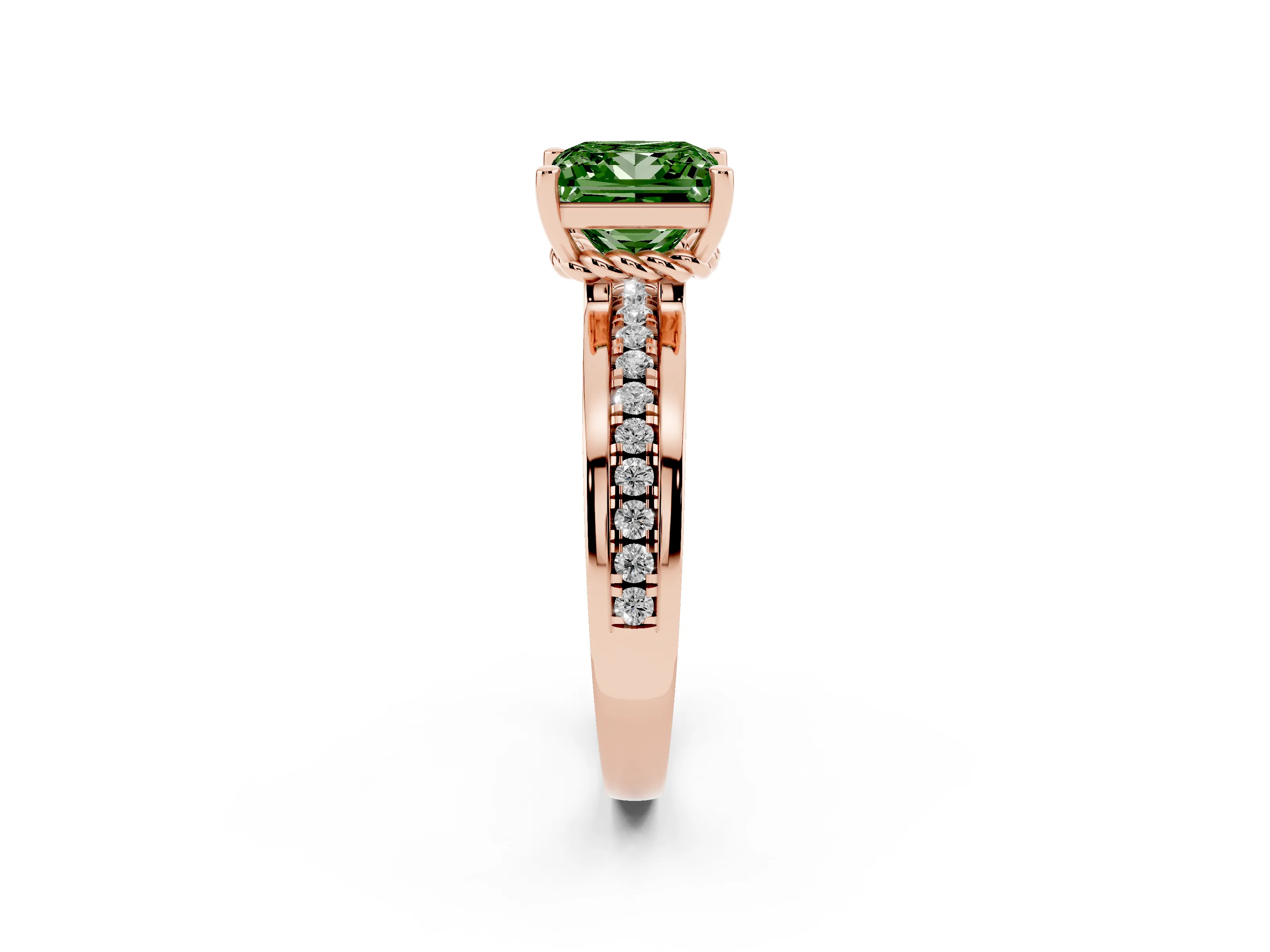 Fancy Green Princess Cut Diamond Solitaire Ring Set in Rose gold with Channel Set Band and Prong Setting