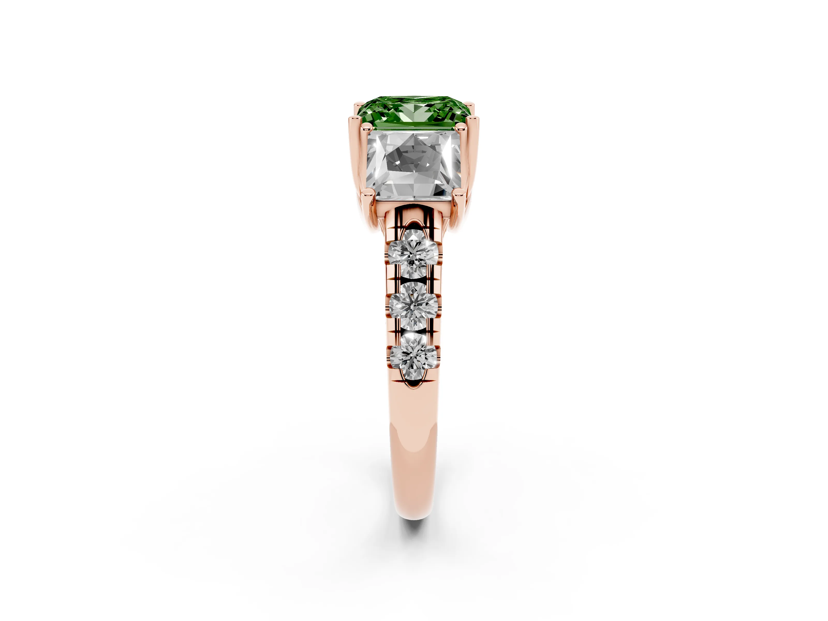 Fancy Green Princess Cut Diamond Three-Stone Ring Set in Rose gold with Pavé Band