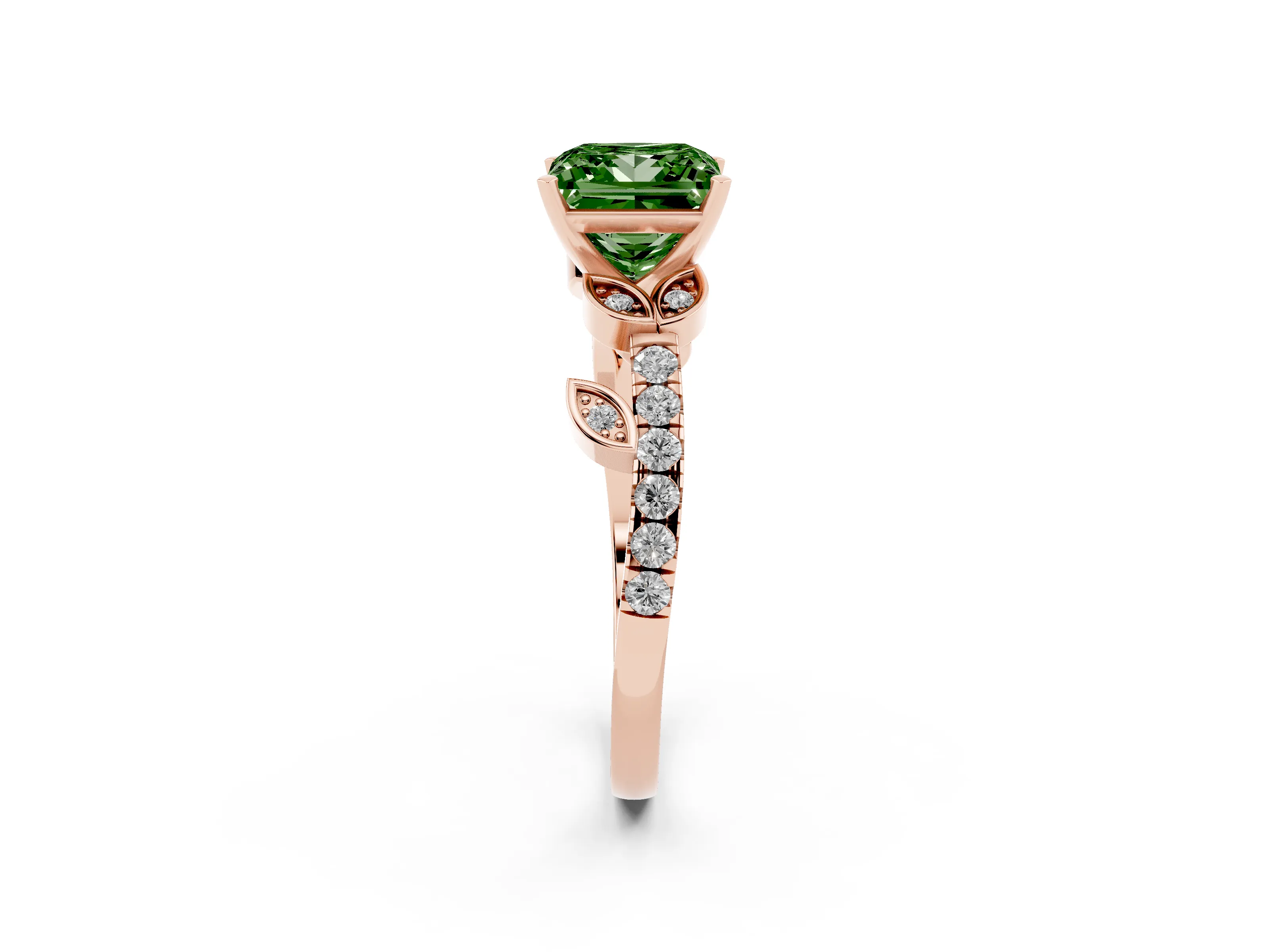 Fancy Green Princess Cut Diamond Solitaire Leaf-Inspired Ring Set in Rose gold with Pavé Band and Prong Setting