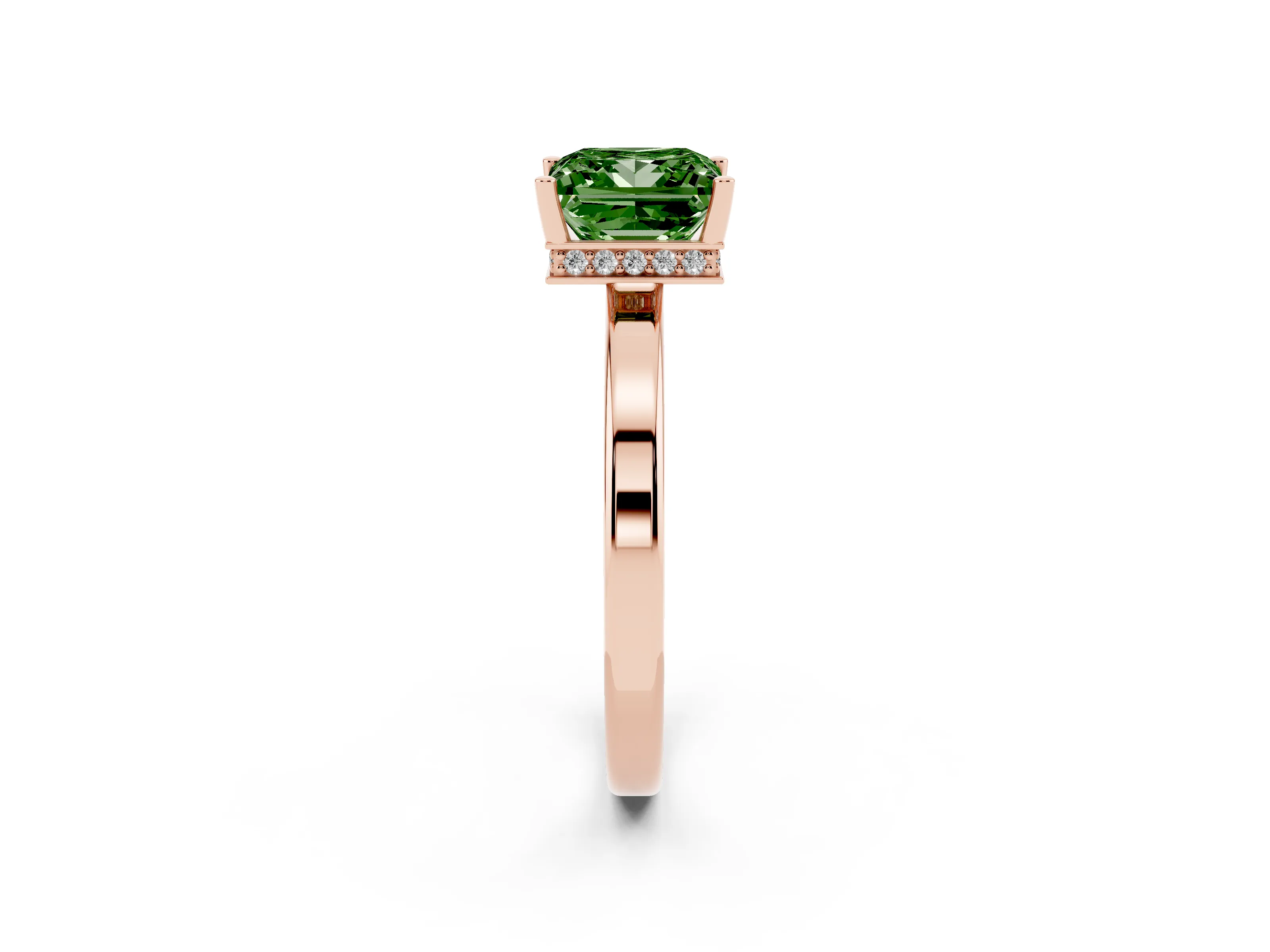 Fancy Green Princess Cut Diamond Solitaire Engagement Ring Set in Rose gold with Prong Setting on a Plain Band