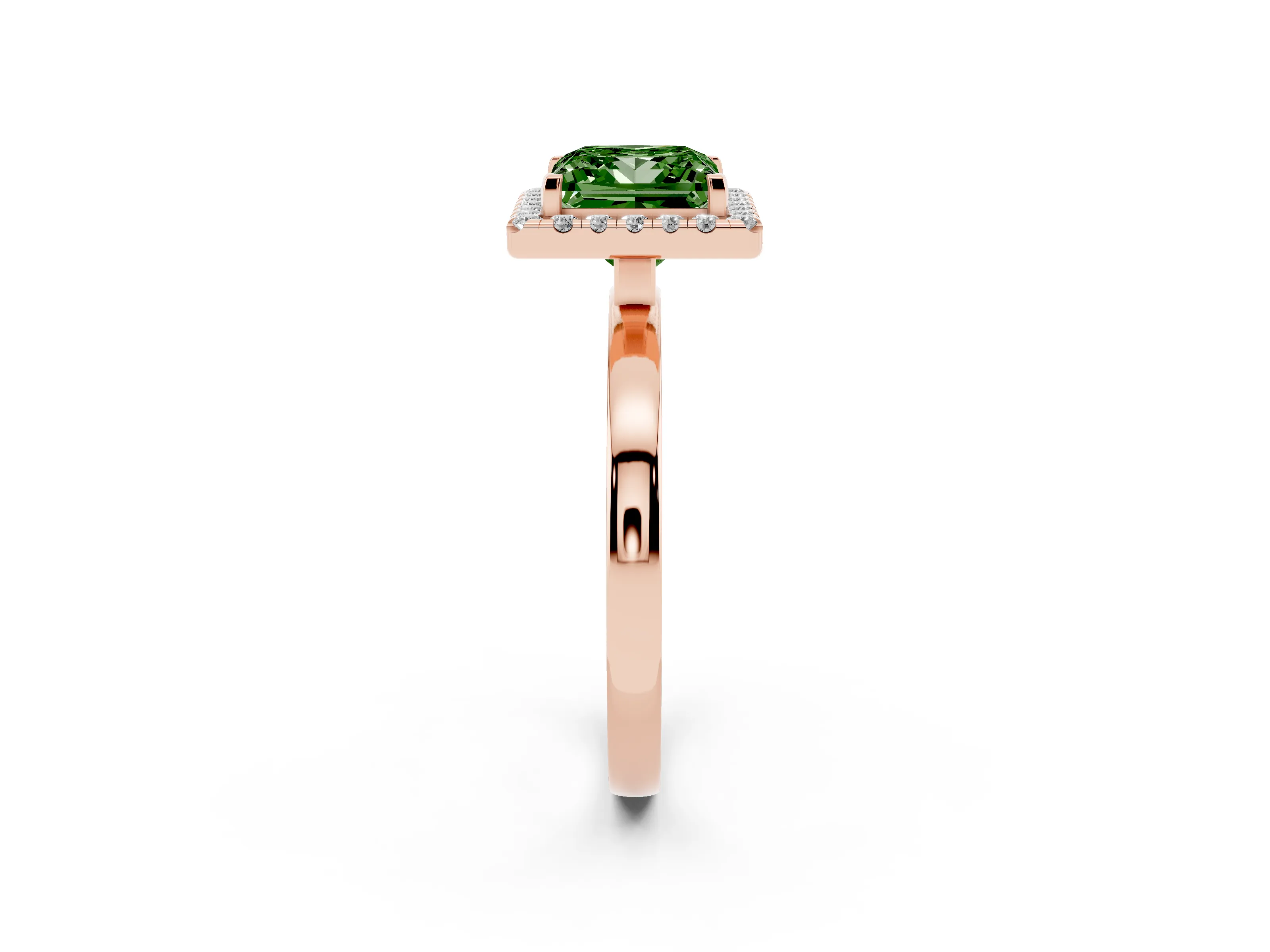 Fancy Green Princess Cut Diamond Halo Solitaire Ring Set in Rose gold with Pavé Band and Prong Setting