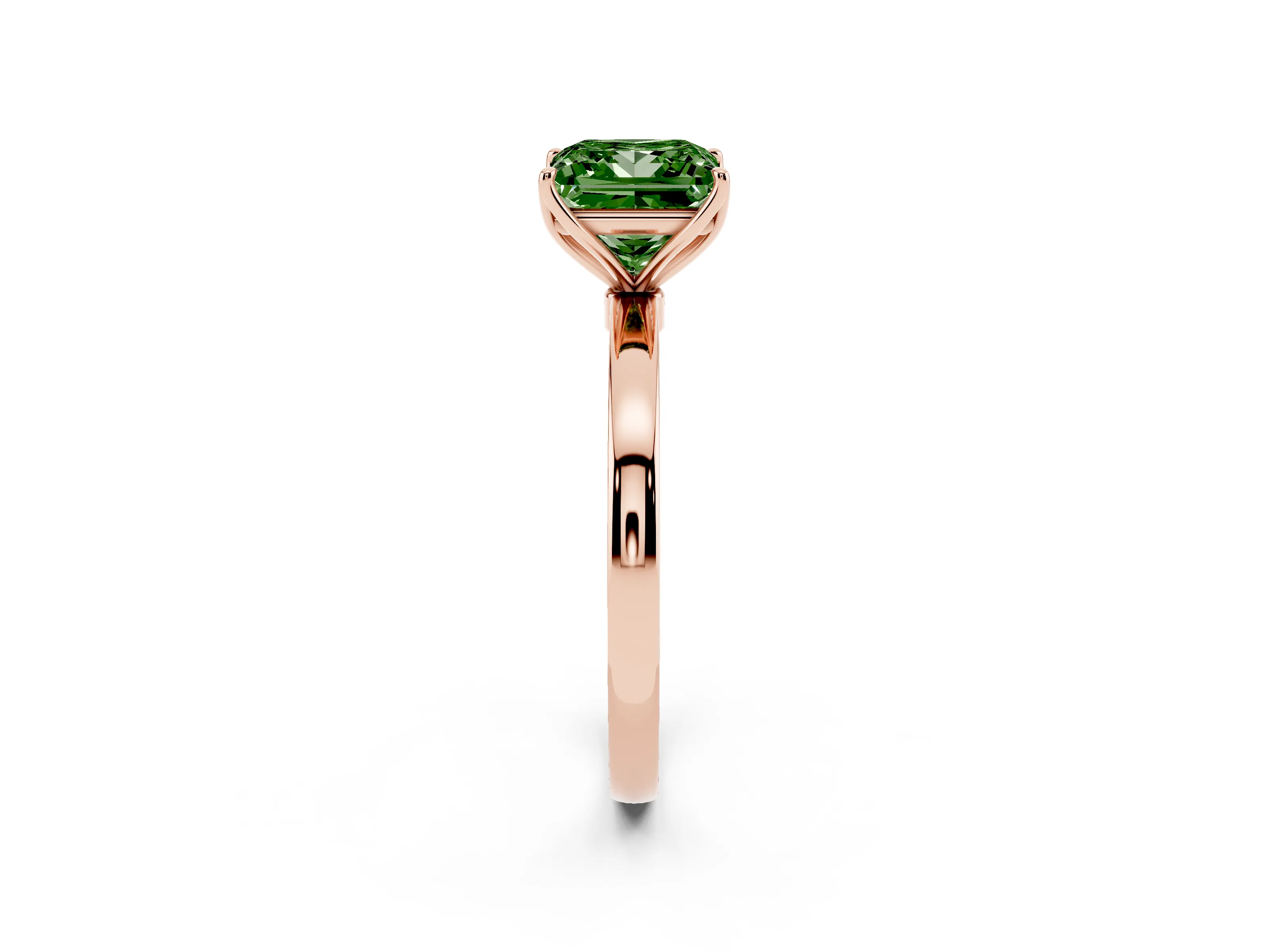 Fancy Green Princess Cut Diamond Solitaire Ring Set in Rose gold with Prong Setting and Thin Polished Band